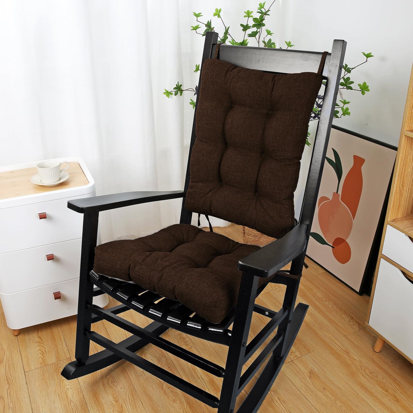 BUYUE Chair Cushion Set for Rocking Chair, Back Pillow & Seat Cushion with Ties, Original Woven Fabric Non-Slip Chair Pads for Elderly Sitting, Chocolate