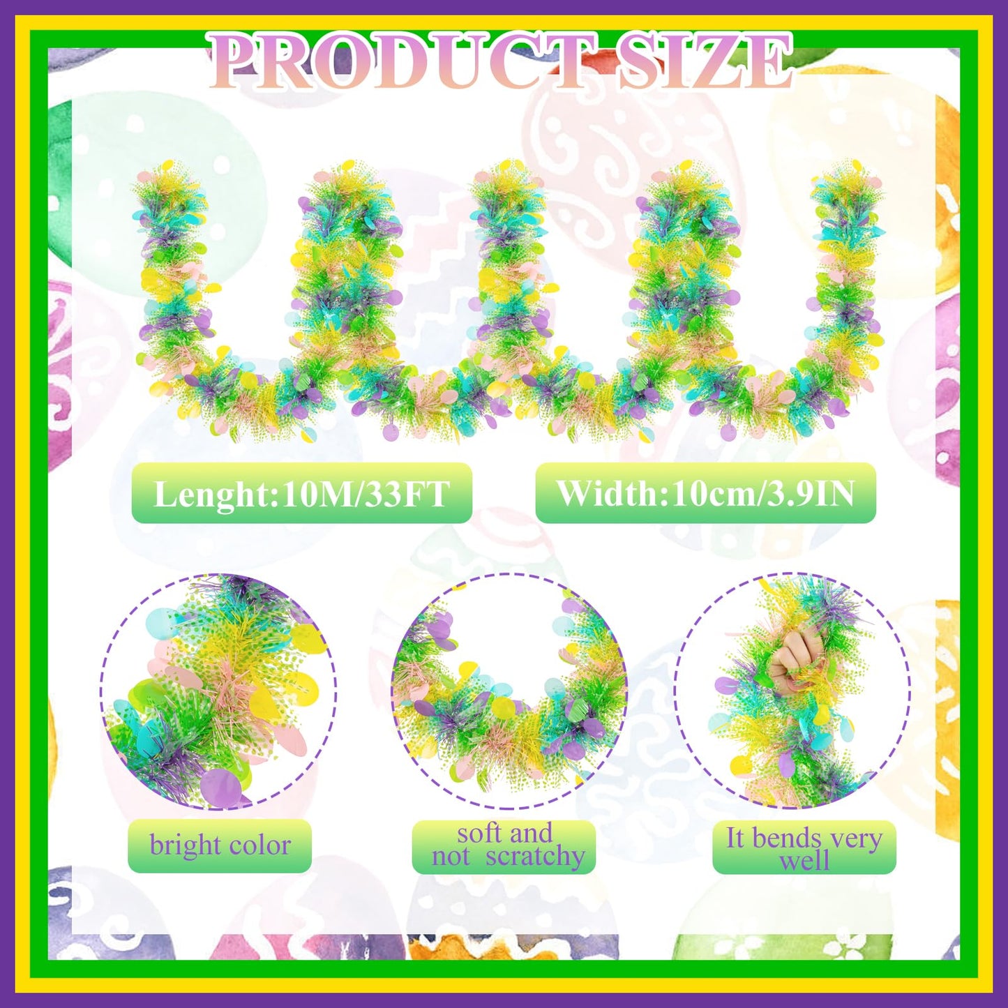 Gloreyan 33FT Easter Tinsel Garland Colorful Easter Egg Metallic Twist Tinsel Garland with Confetti Spring Hanging Garland Decoartion for Easter Tree Door Stair Mantle Party Supplies