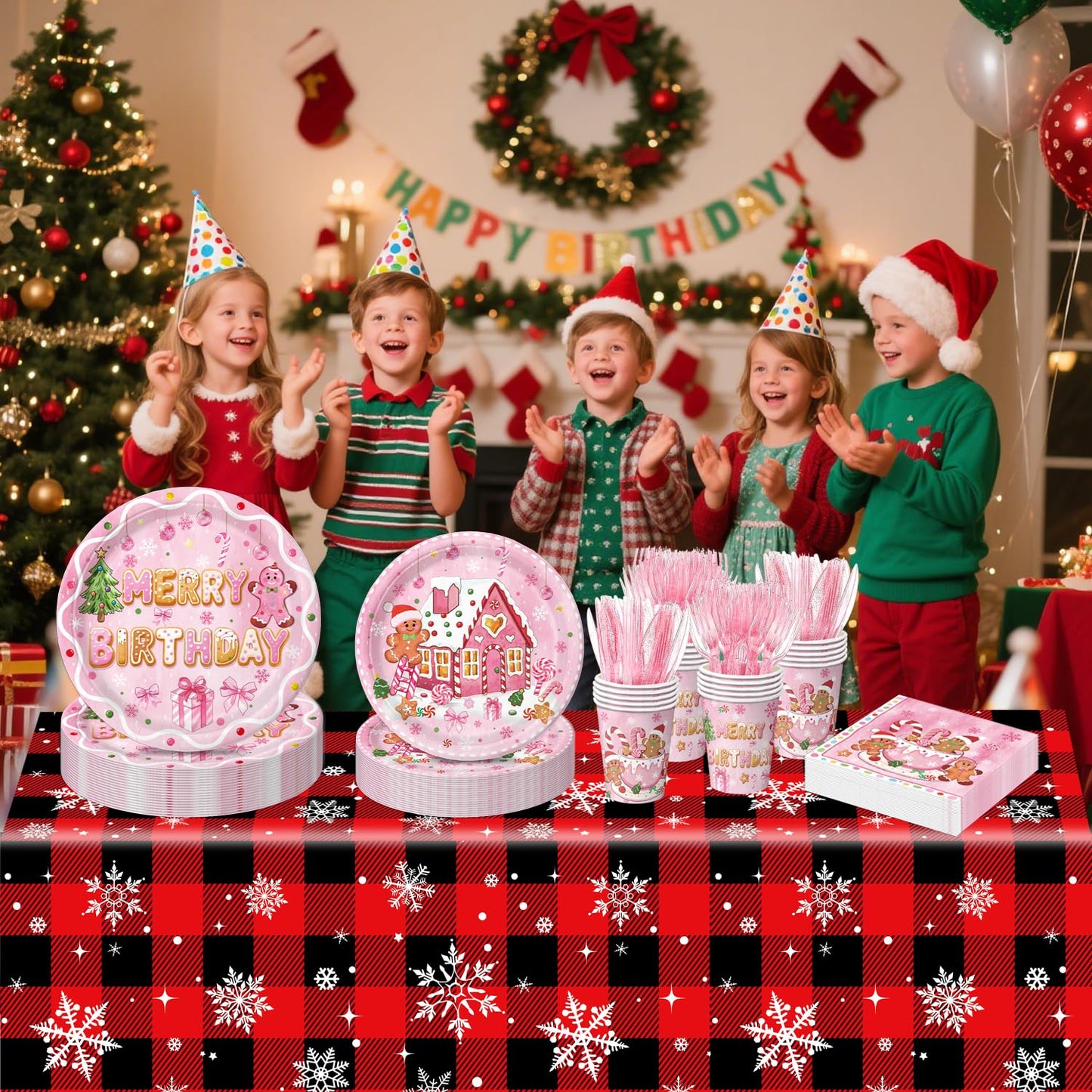 Oigco 120 Pcs Gingerbread Christmas Birthday Party Decorations, Includes Plates, Napkins, Cups, Cutlery for Gingerbread Christmas Party Decorations, Serves 20