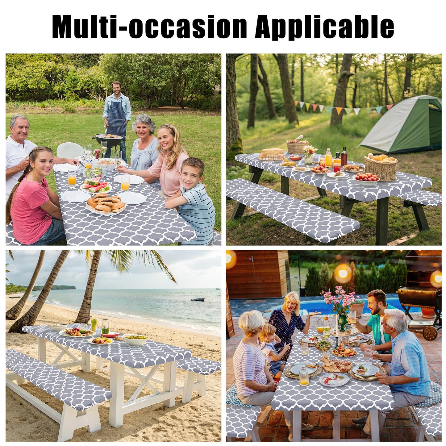 Smiry Picnic Table Cover with Bench Covers, Waterproof Elastic Fitted Tablecloth for 6 Foot Tables, Washable Polyester Tablecloths for Camping, Indoor & Outdoor (Grey, 30x72 Inch 3-pc Set)