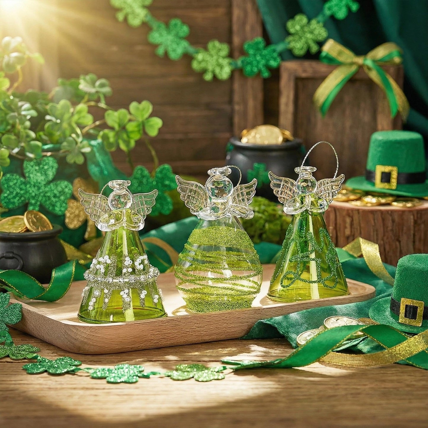 Green Glass Angel Ornaments Gift for Women, Set of 3 Crystal Guardian Angel Ornaments for Tree, 2026 Hand Blown Spun Glass Home Decor Irish Gift for Women