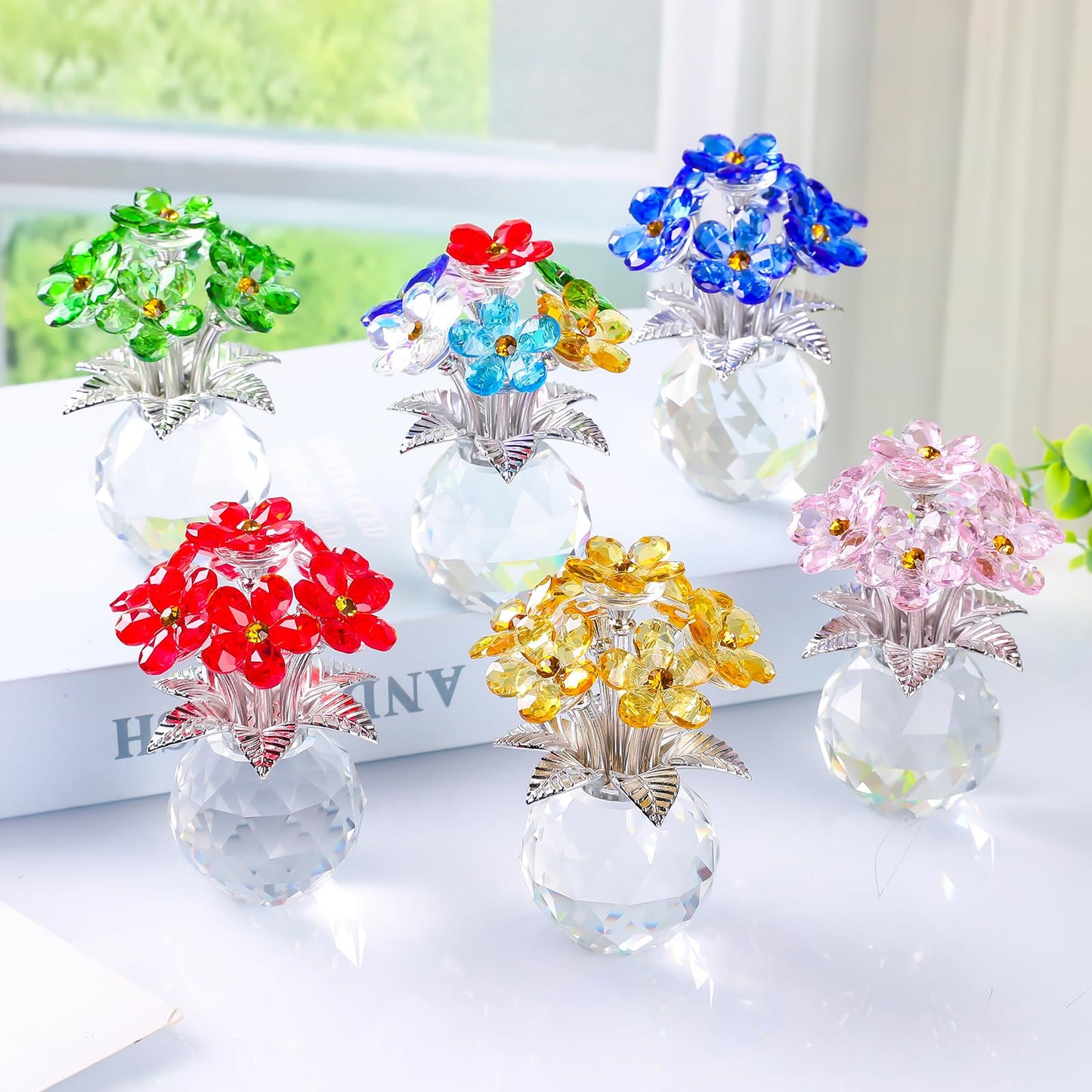 JATYFING Crystal Forget-Me-Not Flower Figurine, Pink and Clear, 4.1 inches, Decorative Crystal Display