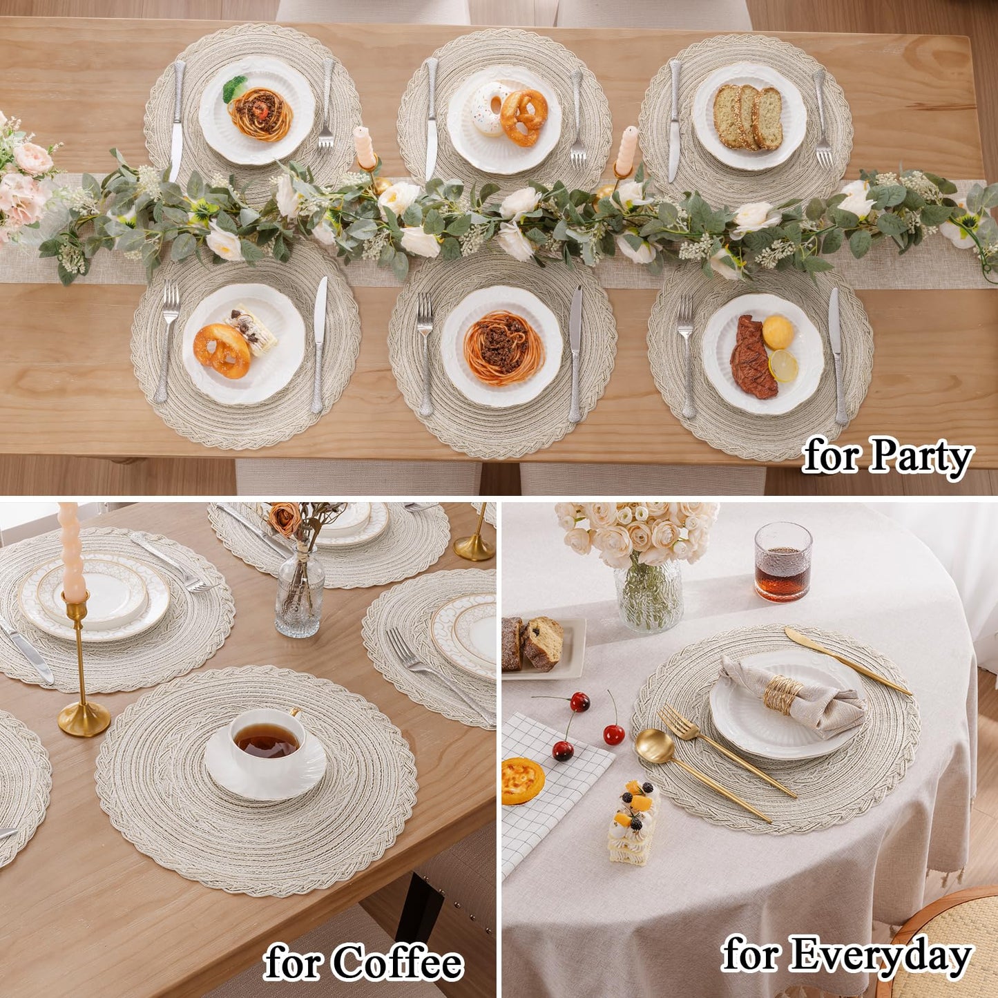 SHACOS Round Placemats Set of 6 Boho Braided Bordered Place Mats 15 inch for Dining Tables Wedding Holiday Party (Ivory Bordered, 6)