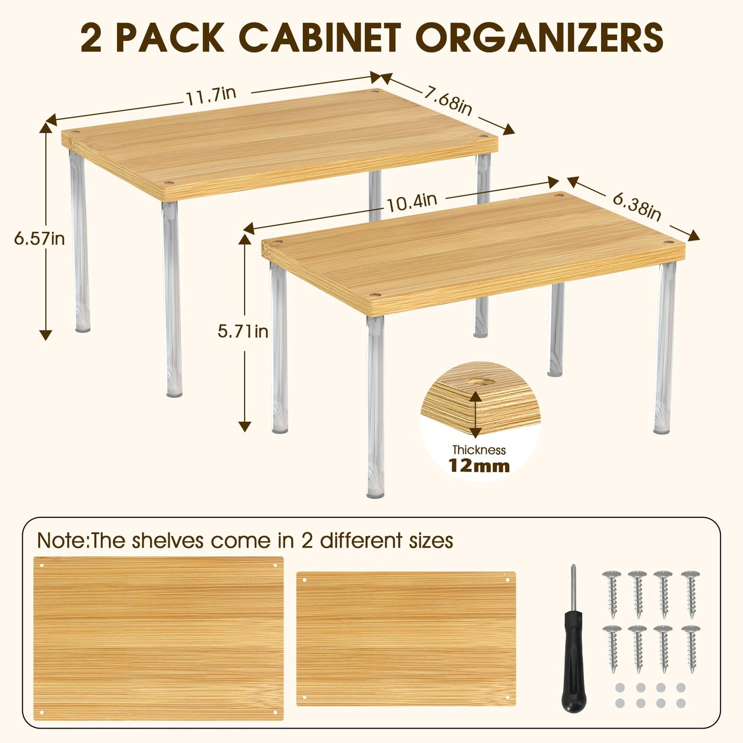 Jolitac Cabinet Organizer Shelf - Set of 2 Clear Acrylic Spice Rack, Stackable Pantry Storage Shelves for Kitchen Counter, Bathroom, Desk - Multi-Purpose Bamboo Space Saving Shelves, Easy Assembly