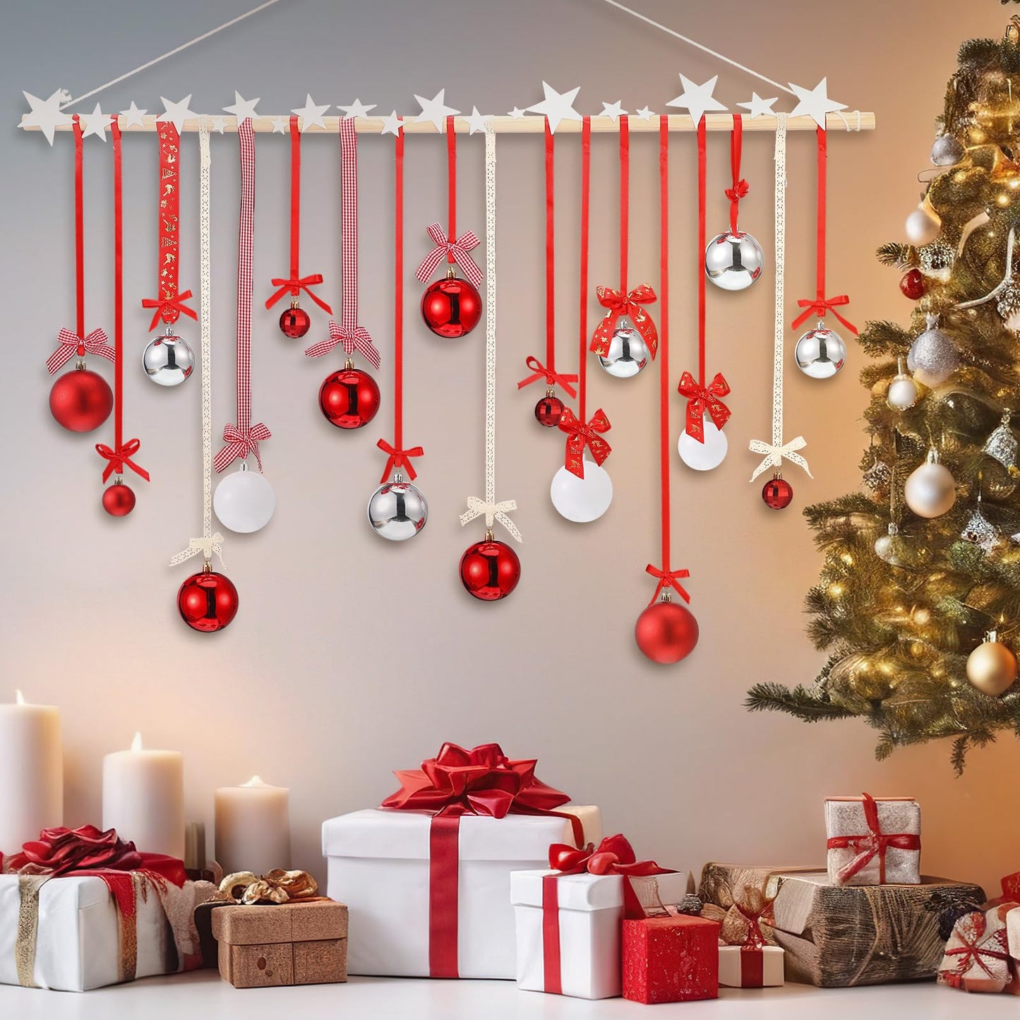 Suncalla 18 Pcs Christmas Wall Hanging Decor with Light Wooden Branch Christmas Plastic Balls Bow Xmas Wall Art for Home Ceiling Indoor Holiday Party Supplies Decor