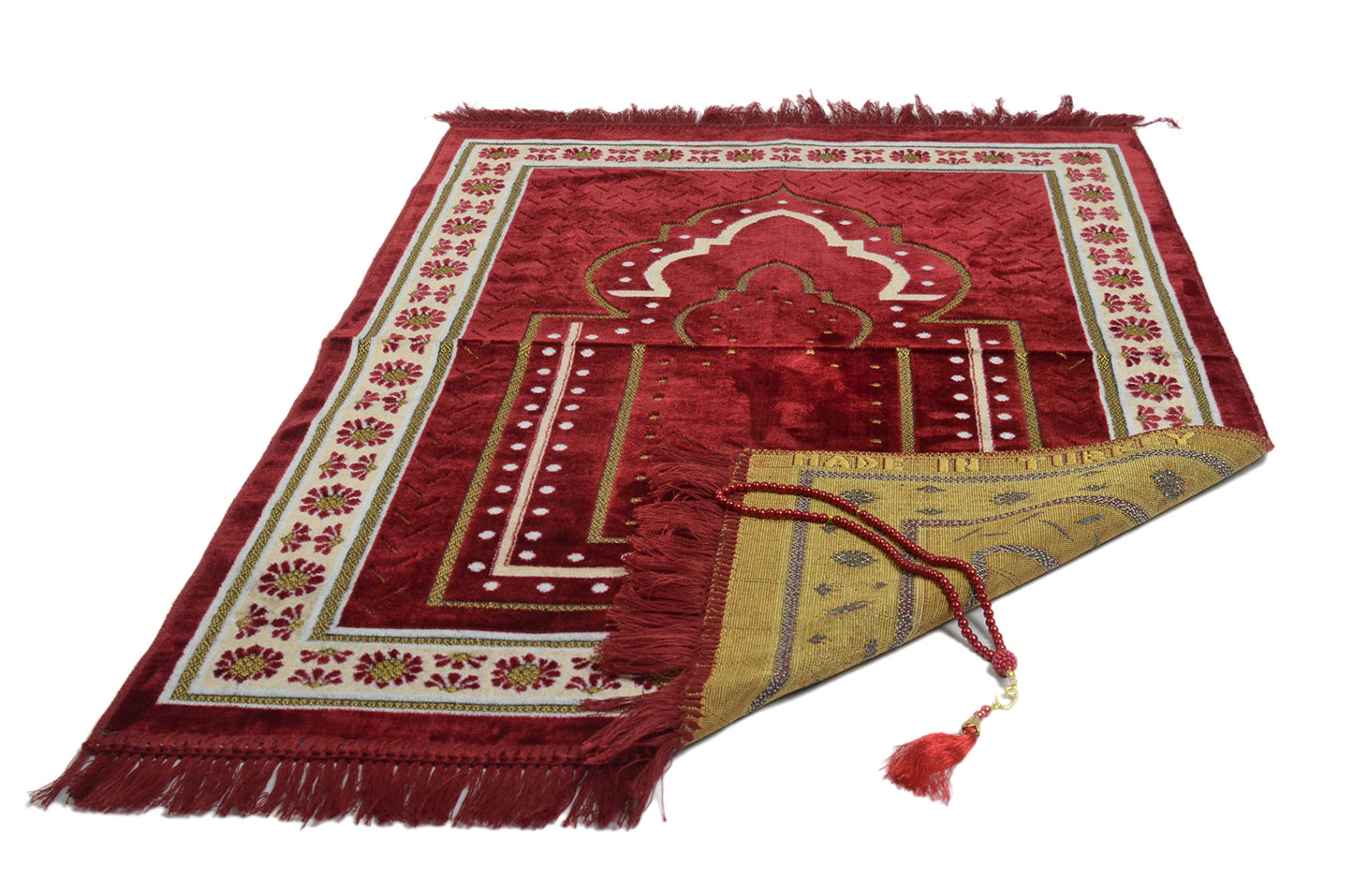 TB Islamic Prayer Rug Plush Soft Velvet Muslim Mat Unique Arabic Turkish African Embroidered Design Prayer Bead Daily Salah Prayer Meditation Ramadan Eid Gift for Women Men Kids (Red)