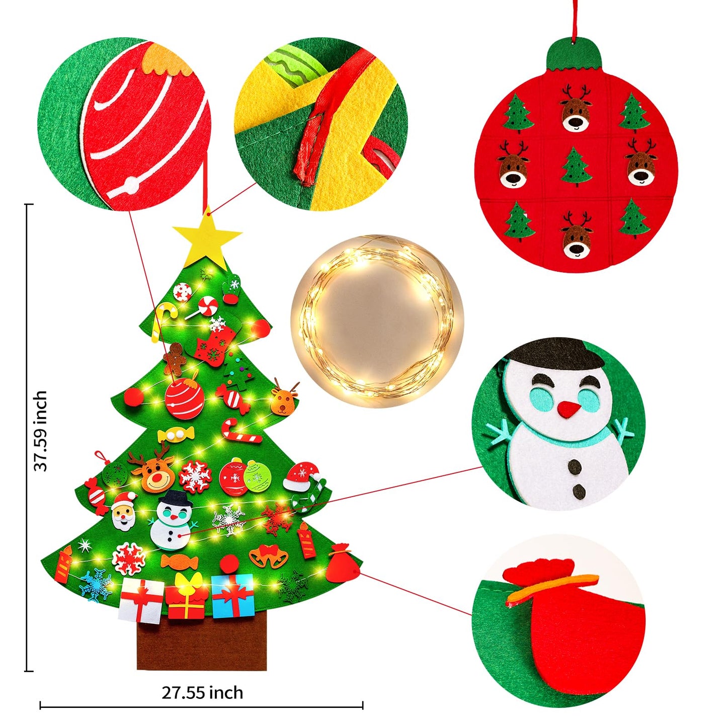 Max Fun DIY Felt Christmas Tree for Toddlers with 49 Christmas Ornaments + Tic-Tac-Toe Games for Kids Wall Hanging Christmas Decorations Felt Craft Kits for Xmas Party Favors