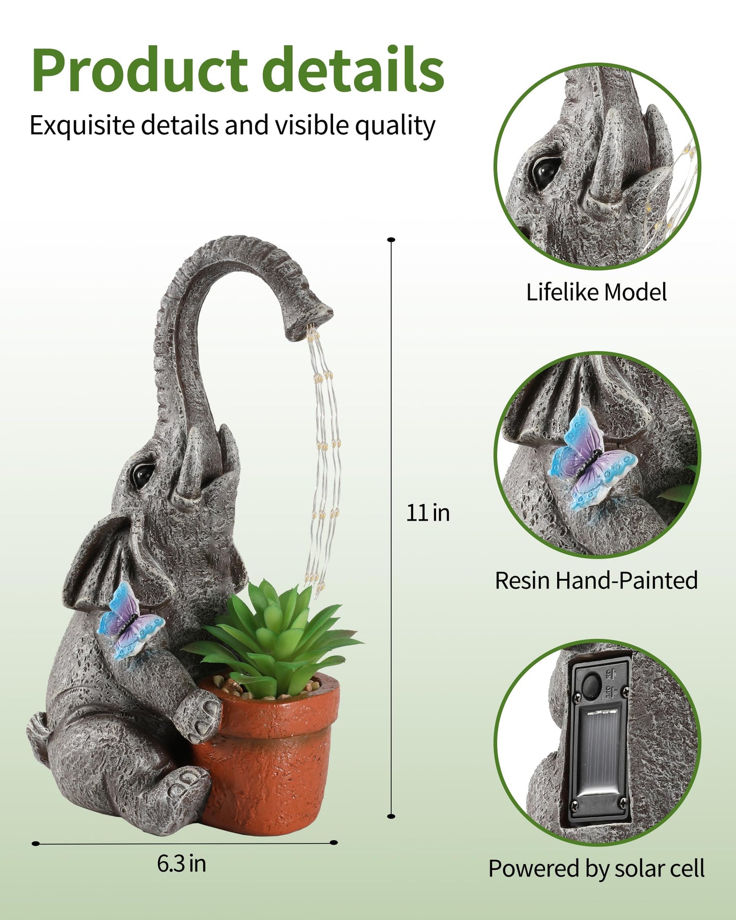 iStatue Solar Elephant Figurine with Succulent Plant Pot - 11'' Hand-Painted Lifelike Resin Lawn Ornaments Statue for Yard Art Garden Decor Gifts (Elephant)