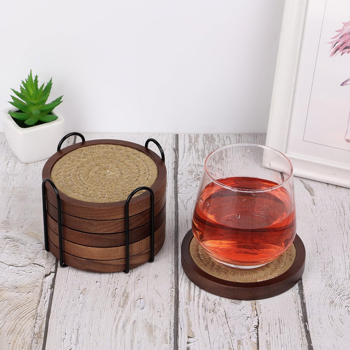 Mckanti 6 Pack Wood Coasters for Drinks with Cotton Coasters Insert, Wooden Coasters with Holder for Coffee Table Decor, Absorbent Coasters for Kinds of Cups, 4.3 Inches