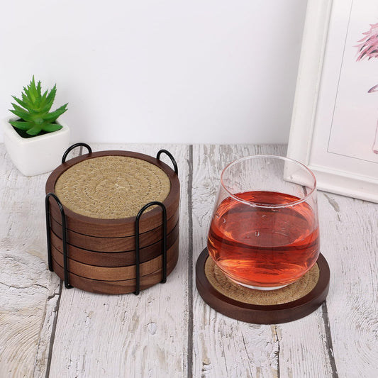 Mckanti 6 Pack Wood Coasters for Drinks with Cotton Coasters Insert, Wooden Coasters with Holder for Coffee Table Decor, Absorbent Coasters for Kinds of Cups, 4.3 Inches