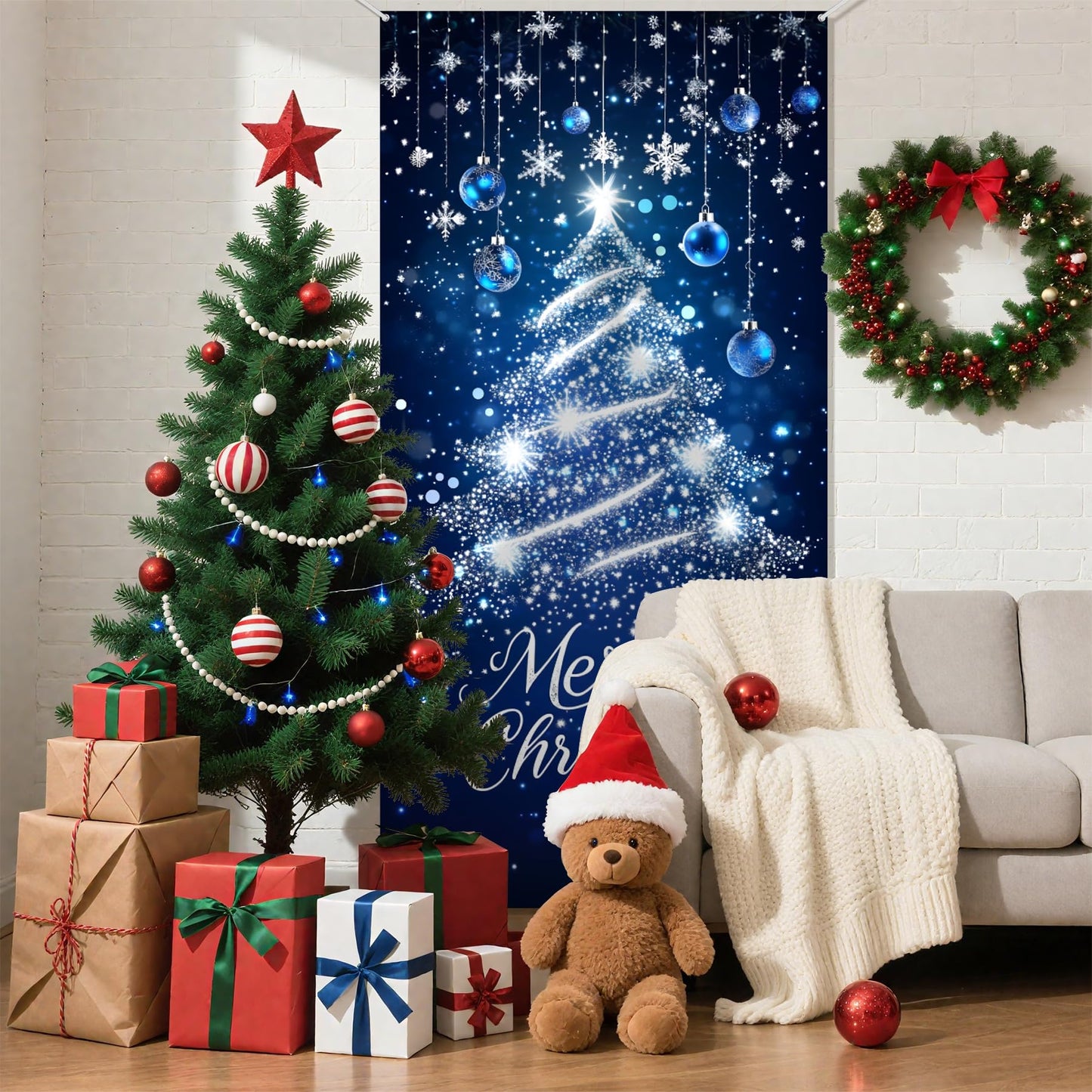 Christmas Door Cover Xmas Banner, 70.8 x 35.4 inch Hanging Front Door Cover Christmas Decor Backdrop Santa Background for Home Winter Holiday, Blue Christmas tree