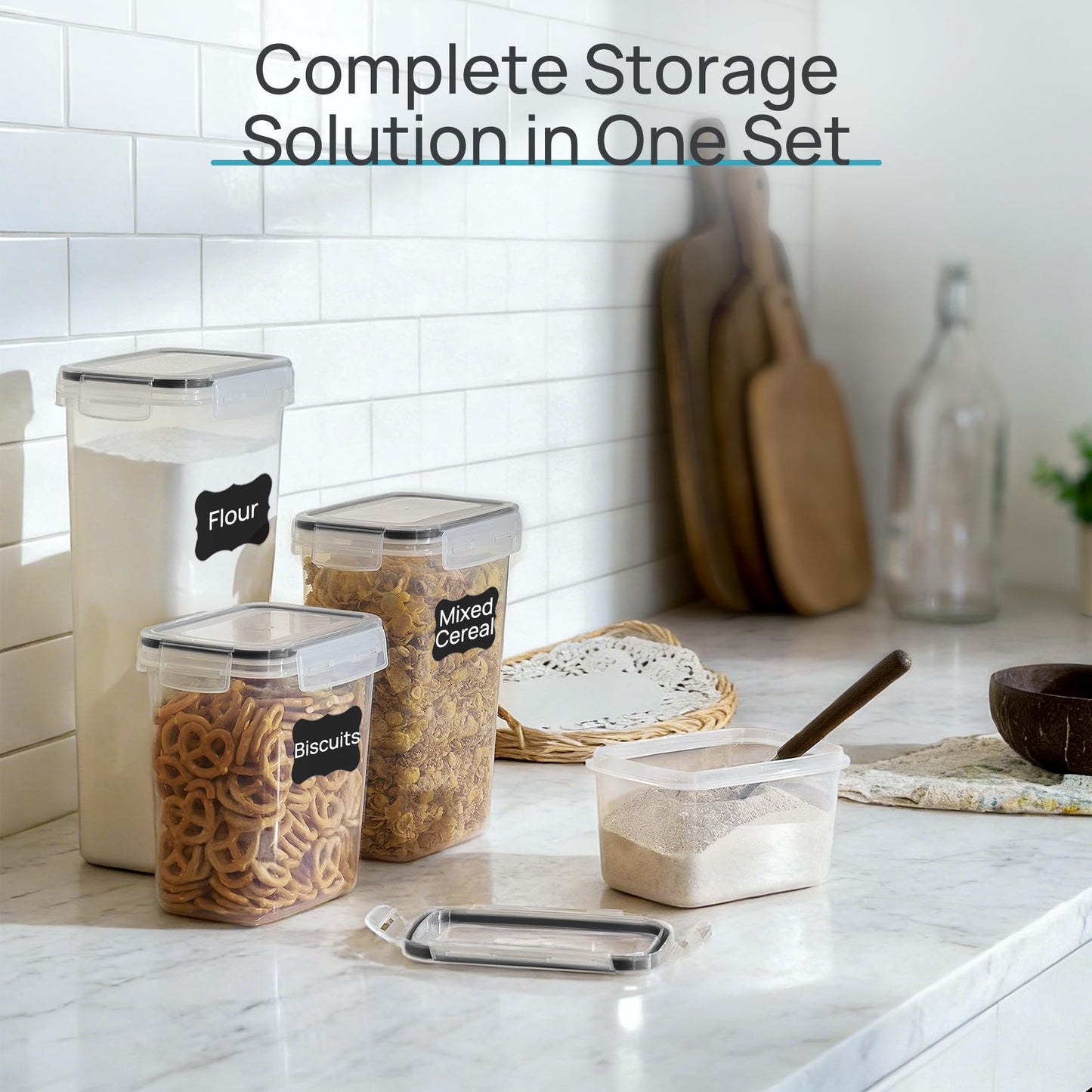 Airtight Food Storage Containers with Lids, Vtopmart 24 pcs Plastic Kitchen and Pantry Organization Canisters for Cereal, Dry Food, Flour and Sugar, BPA Free, Includes 24 Labels，Black