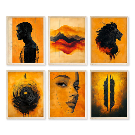 Eastern Print Set of 6 Abstract Masculine Wall Art Prints – Bold Orange & Black Lion, Silhouette, Face Line Posters – Modern Unframed 8x10 Decor for Men’s Room, Office, Man Cave or Creative Studio