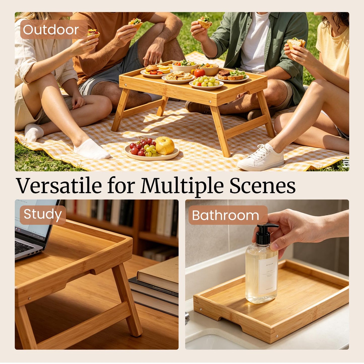 Fibogollo 2 Pack Bamboo Bed Tray Table with Folding Legs,Breakfast Trays,Serving Tray for Food and Snack,Laptop Trays for Working(Natural)