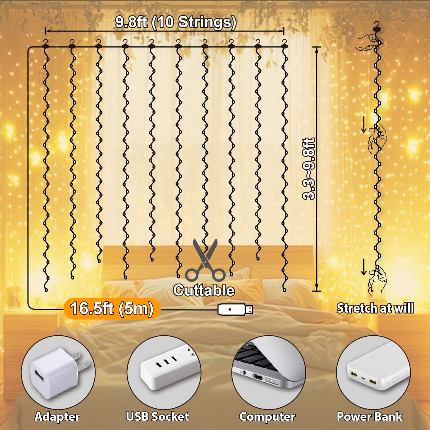 SINAMER Warm White Curtain Light for Bedroom, 300 LED 9.8ft x 9.8ft Window Fairy Curtain String Light with 16 Hooks, 8 Models Remote Control for Wedding Party Home Garden Indoor Decorations