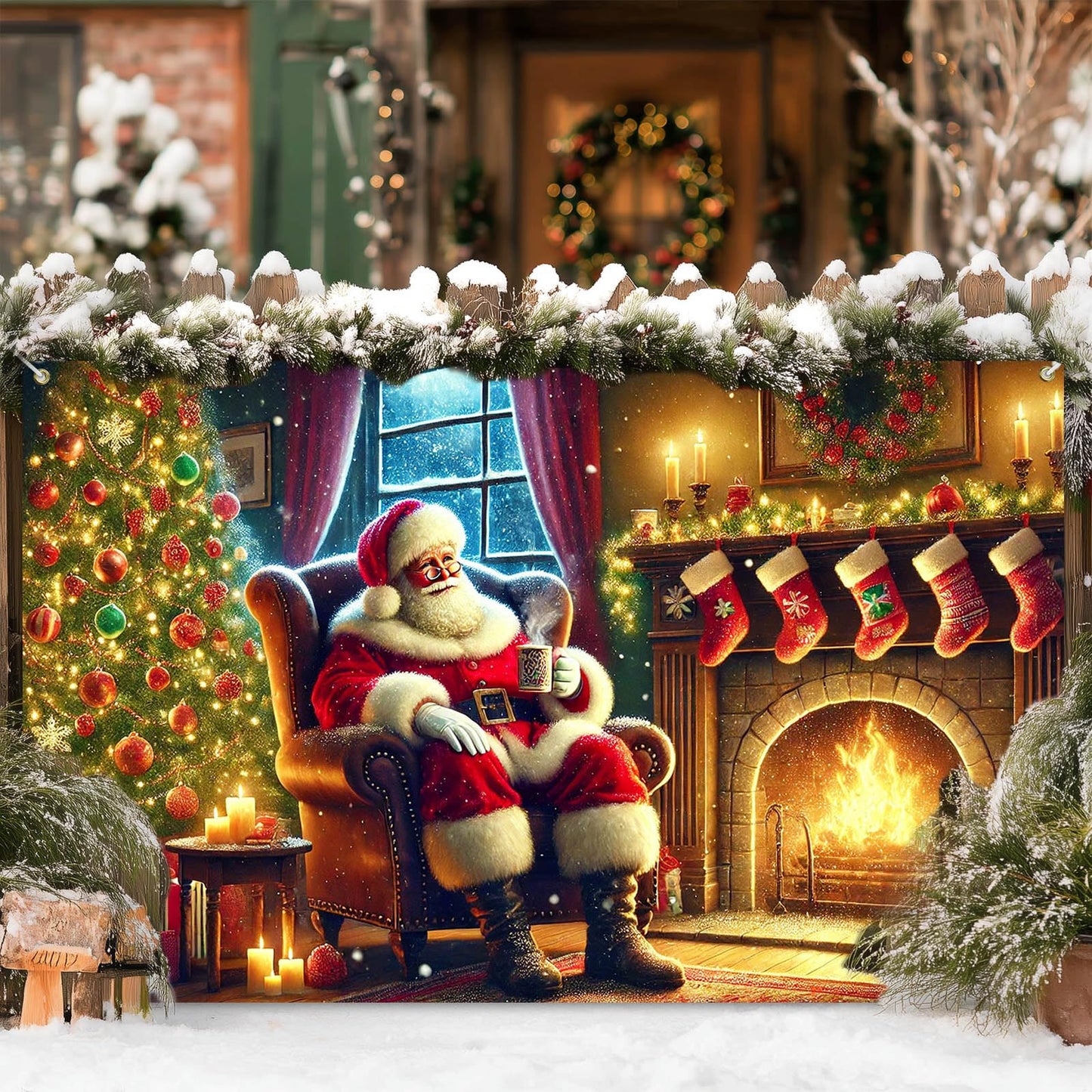 BlissYard Christmas Banner Santa Claus Fireplace Tree Holiday Wall Decoration Warm Cozy Living Room Scene Background Indoor Outdoor Party Decor for Home 71 X 43 Inches