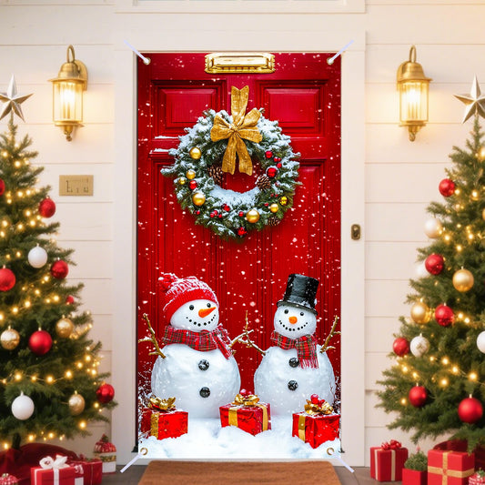 Nuxovilar Vintage Merry Christmas Front Door Cover Winter Wonderland Xmas Holiday House Decorations Polyester Hanging Banner for Indoor/Outdoor Party Supplies (Merry Christmas Type C,35x71 Inches)