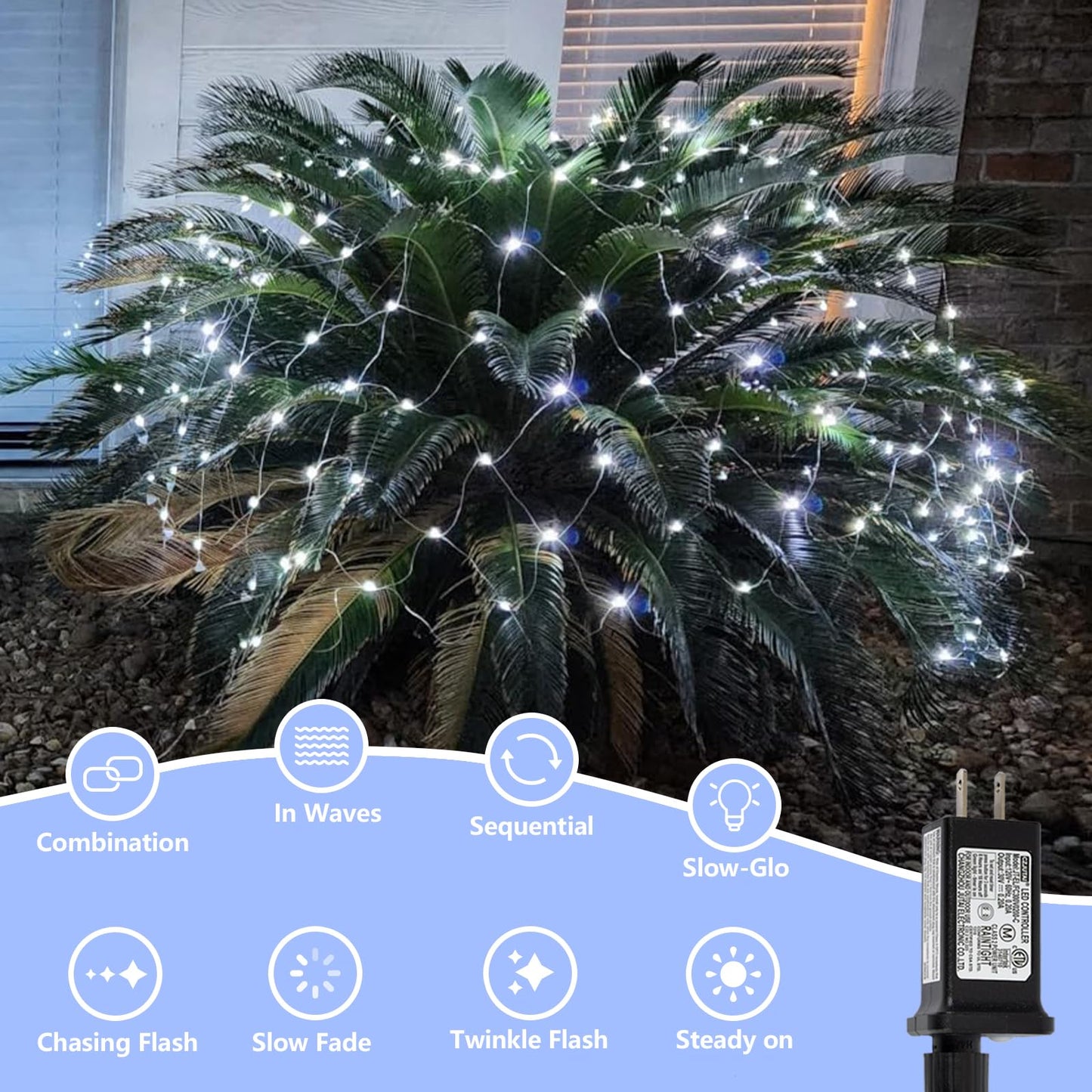 QITONG Net Lights Outdoor Mesh Lights, 12ft x 5ft 360 LED White Christmas Light with 8 Modes, Connectable Clear Wire Bush Light Plug in