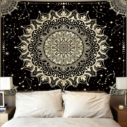 Apdidl Boho Black Mandala Tapestry for Bedroom Aesthetic, Hippie Decor Space Astrology Wall Art Ceiling Tapestries, Vintage Bohemian Indian Golden Blanket Wall Hangings for Living Room 51" X 60"