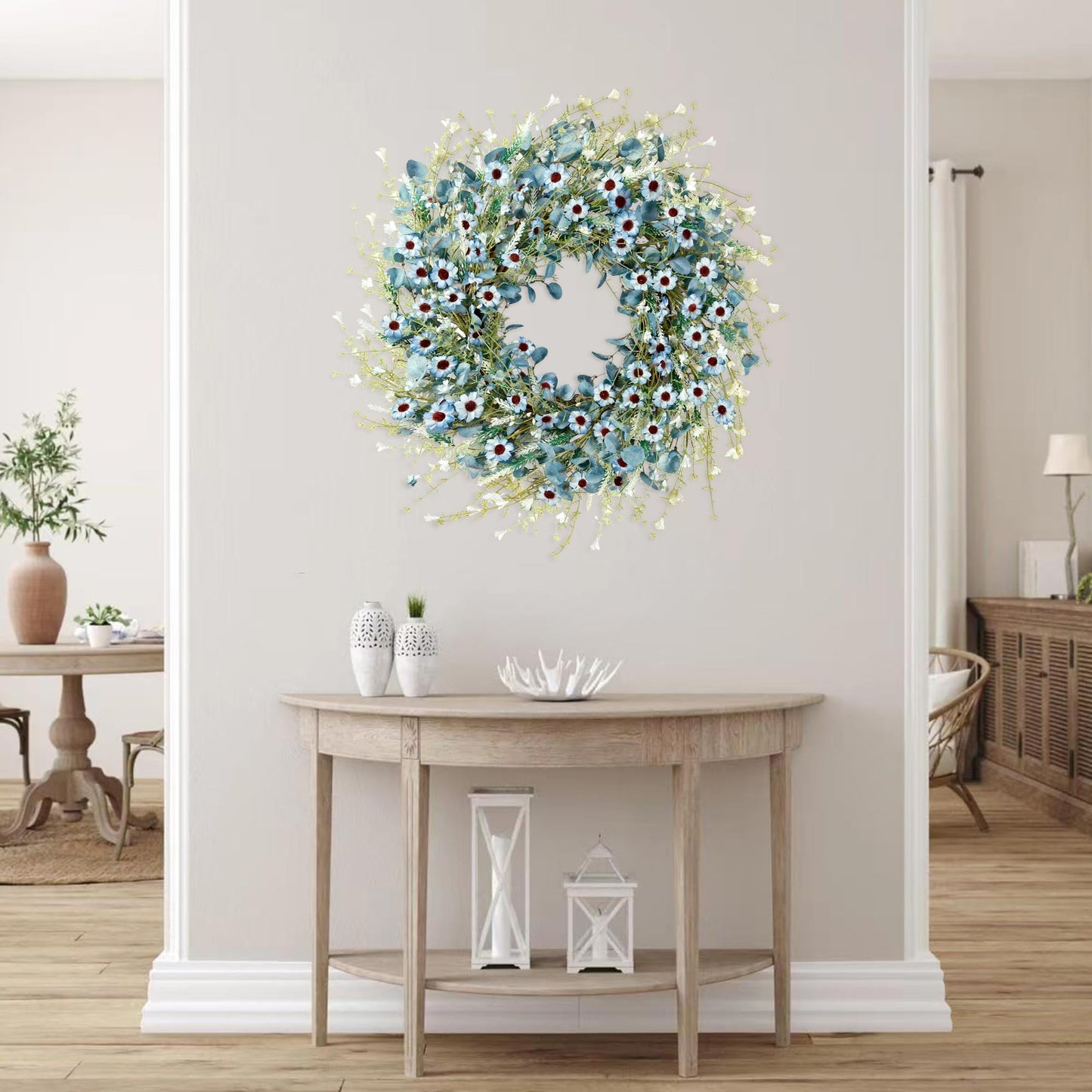 Sggvecsy Blue Daisy Wreath 24 Inch Spring Summer Fake Silk Floral Wreath with Green Eucalyptus Leaves and Lavender for Front Door Window Wall Wedding Farmhouse Festival Decor