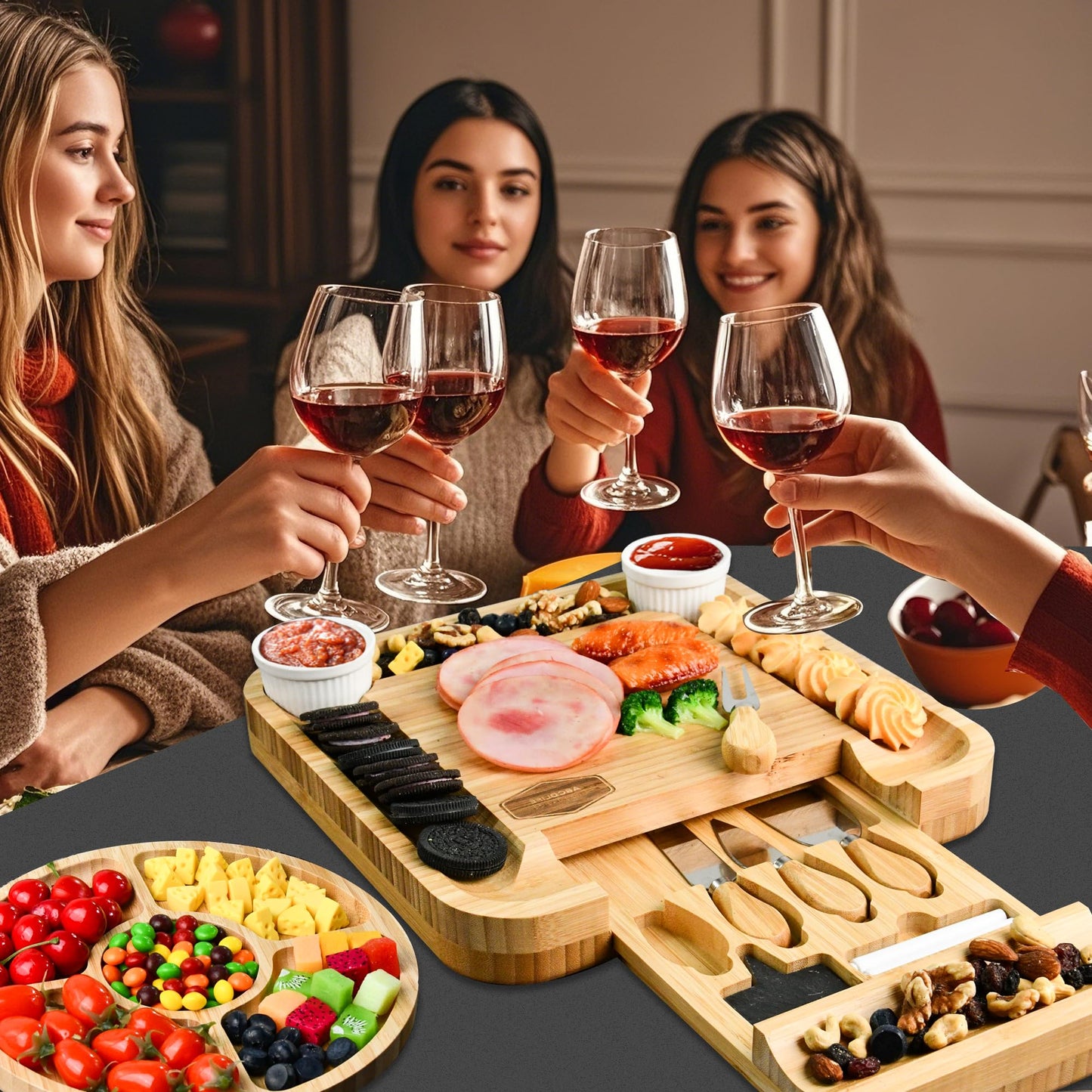 Charcuterie Board Cheese Board Set Portable Serving Platter for Cheese Meat, Fruits & Snacks with 4 Knives, 2 Bowls & Labeling Tool Perfect Housewarming Gifts for Women