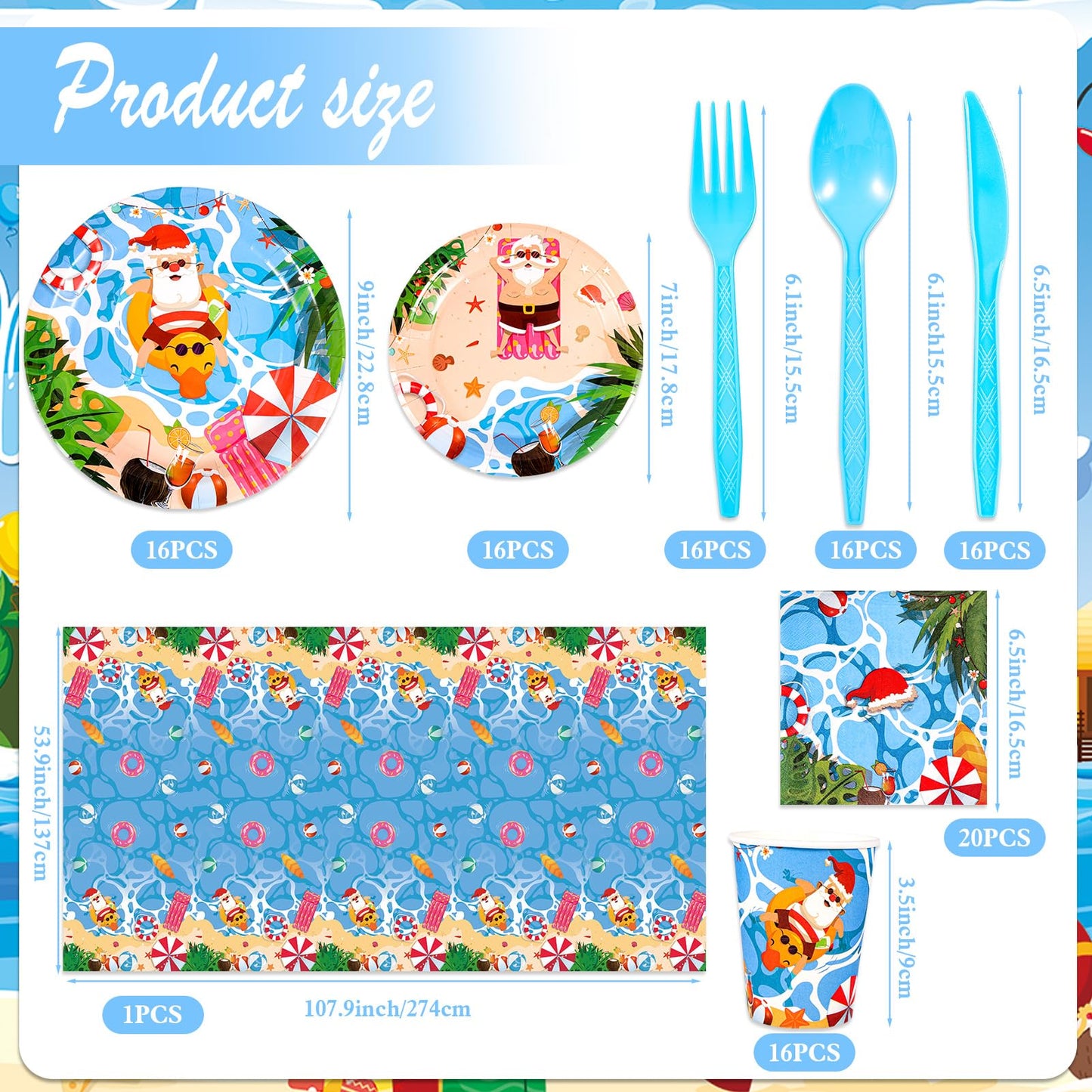 HOWAF 117pcs Hawaii Christmas Decorations Tableware Set, Paper Plates and Napkins Sets Plastic Xmas Santa Tablecloth Disposable Dinnerware Beach Party Paper Cups Forks Supplies
