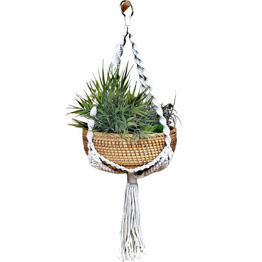 chicapica 8.7" Woven Macrame Plant Hanger & Hanging Rattan Basket - Boho Decorative Wall Basket for Indoor Plants & Dried Flowers - Handmade Wicker Storage for Farmhouse Home Decor, Living Room