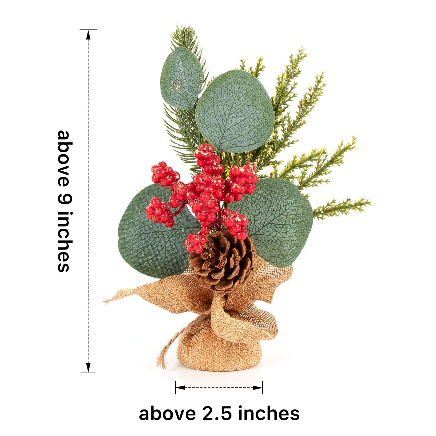 MINDELF 6 PCS Rustic Mini Christmas Tree Tabletop Set, Mixed Green Leaves, Red Berries and Pine Cones, 9 inch Artificial Trees with Burlap Bases, Ideal for Holiday Home Office Table Centerpiece
