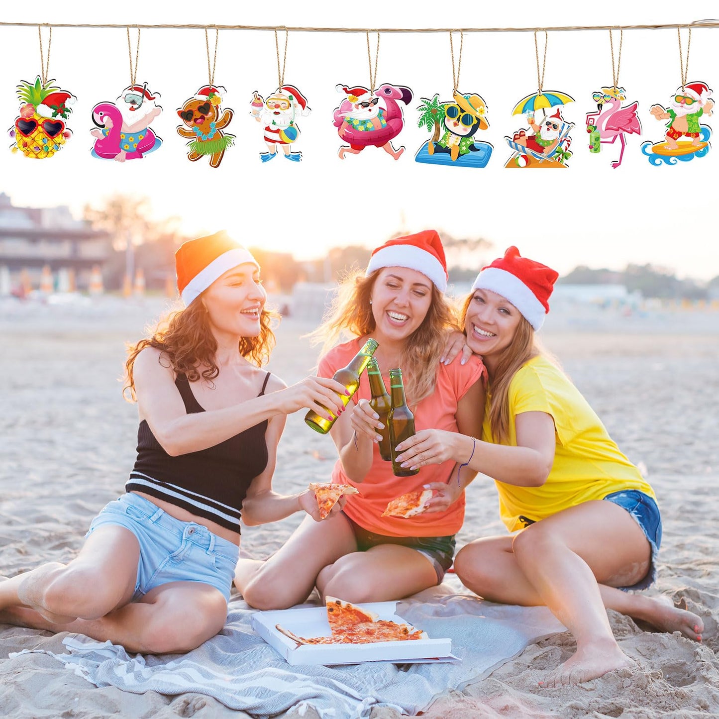 HOWAF 32pcs Hawaiian Christmas Ornaments for Tree, Christmas Decorations Hanging Ornaments Flamingo Santa Claus Wood Cutouts with Rope for Summer Beach Santa Palm Trees Decoration