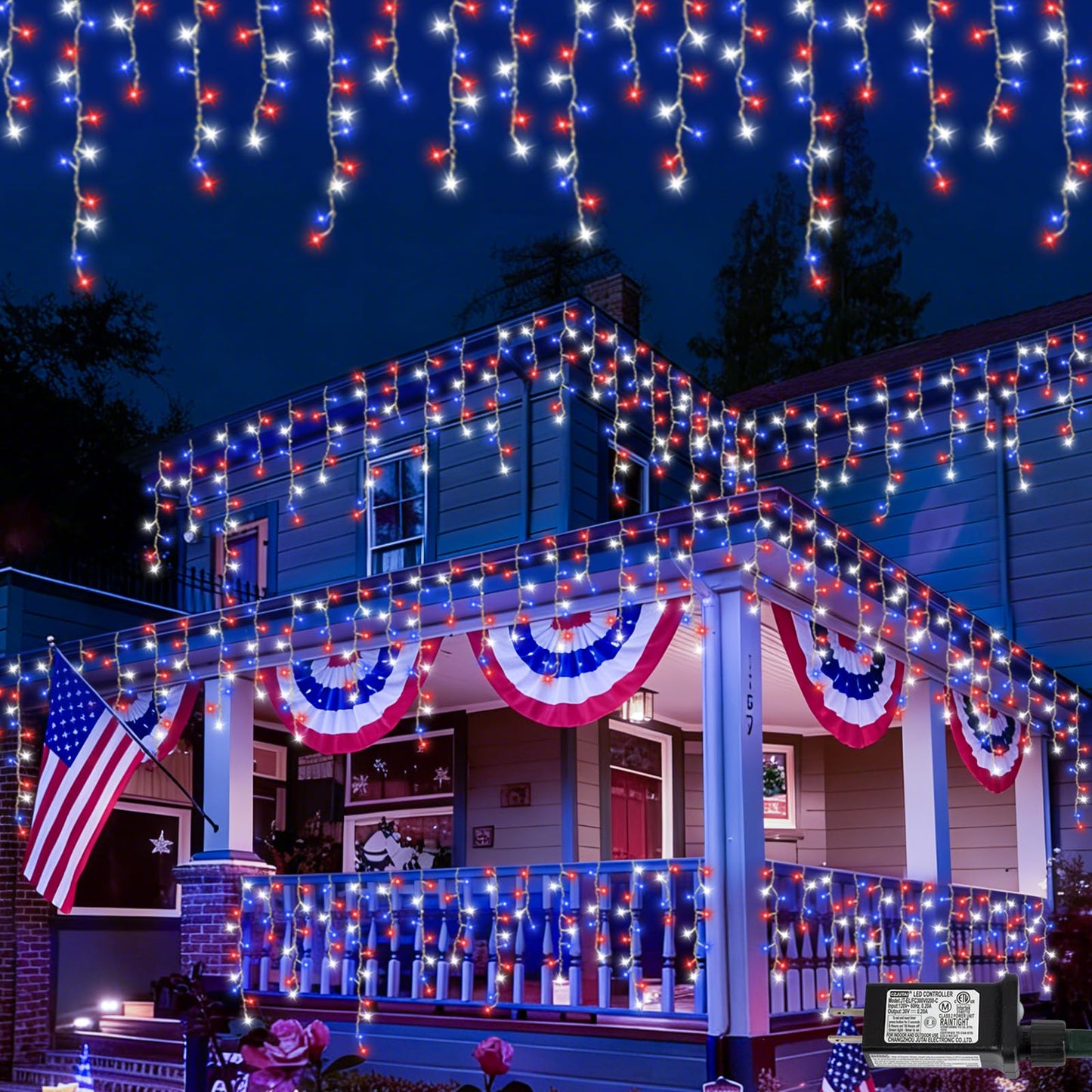 QITONG Red White and Blue Icicle Lights for Outside, 33ft 400 LED 4th of July Icicle Lights with 8 Modes, Clear Wire Connectable String Lights Plug in for Patriotic Independence Memorial Day Decor