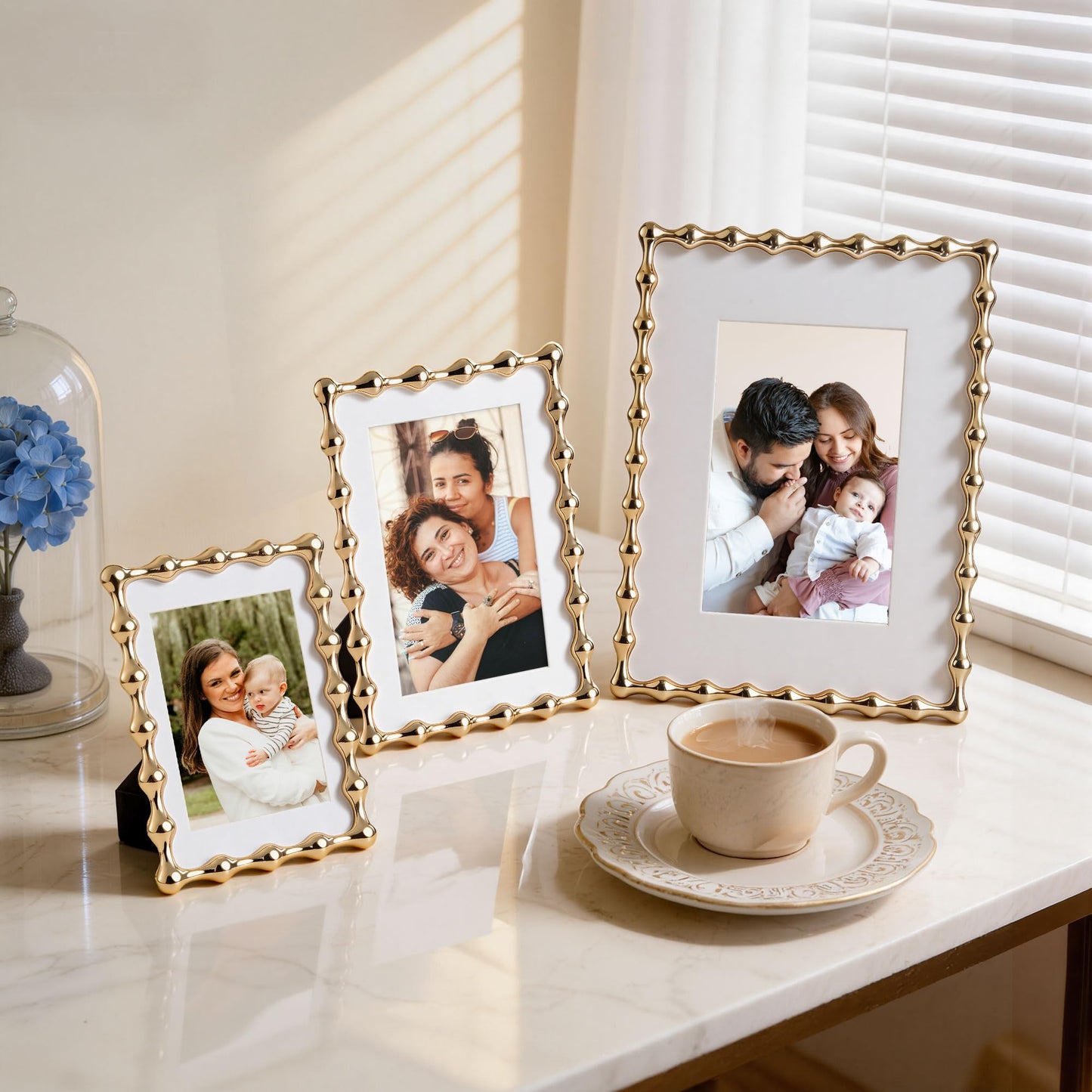 RICHFOCUS 4x6 Gold Picture Frame, Modern Zinc Alloy Photo Frame with Water Droplet Design, Mat for 3x5 Photo, Heavy Duty Metal Frame with Tempered Glass & Velvet Back for Tabletop & Wall Decor
