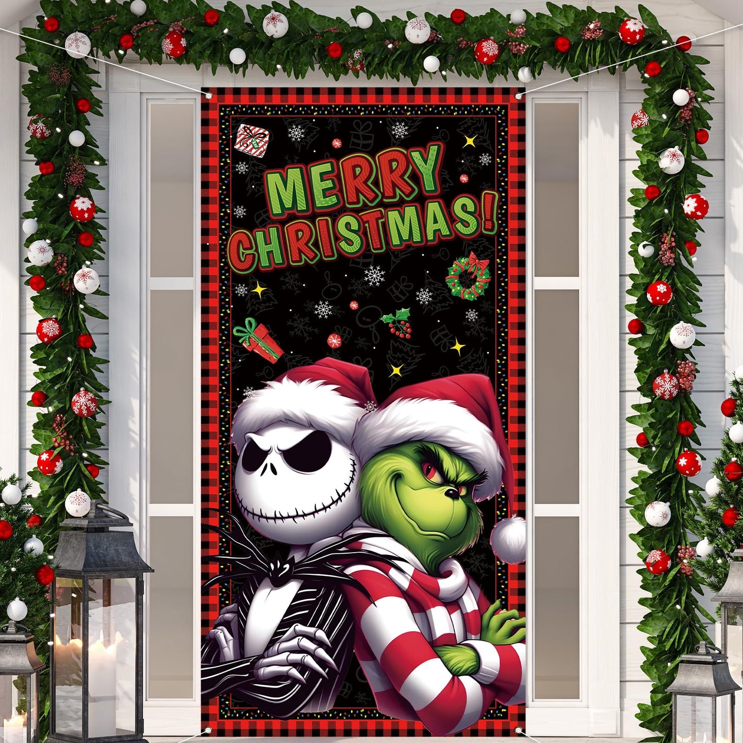 Merry Christmas Door Cover Christmas Photo Backdrop Xmas Winter Holiday Party Decorations and Supplies for Home-71×35''