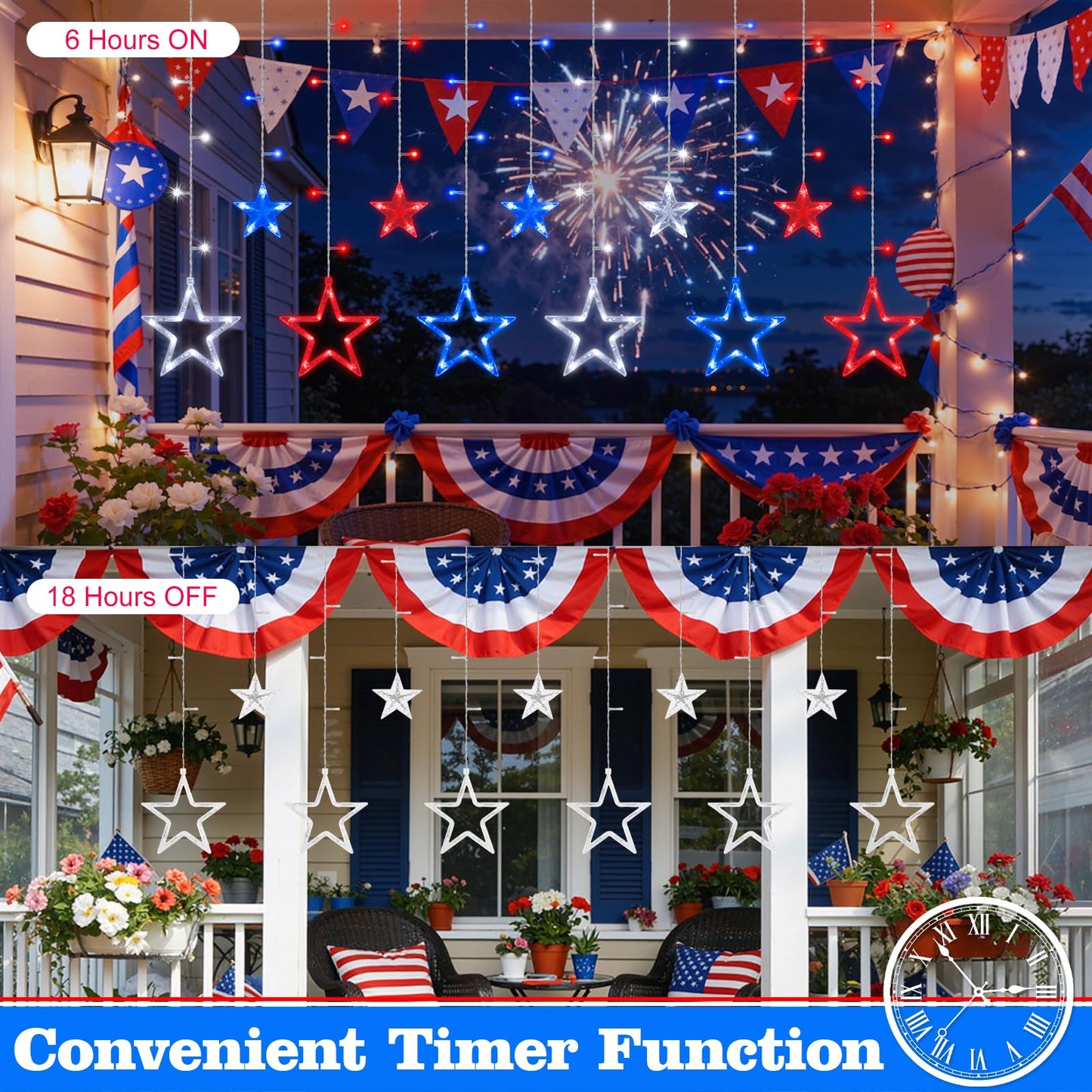 Lewondr 4th of July Curtain String Lights, 11.5FT 138 LED Hanging Patriotic Star Icicle Lights with 6H Timer, 8 Modes, USB, Red White and Blue 4th of July Decorations for Independence Memorial Day