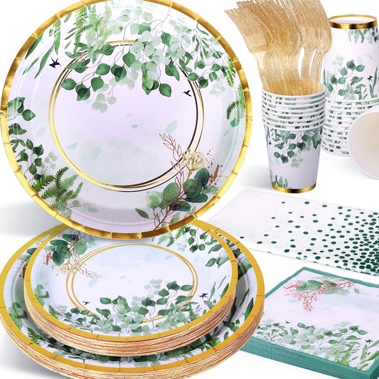 Etsutomy Sage Green Party Decoration, 126PCS Sage-Green Plates and Napkins Party Supplies, Spring Greenery Eucalyptus Leaves Disposable Dinnerware Decor for Wedding Birthday Baby Shower