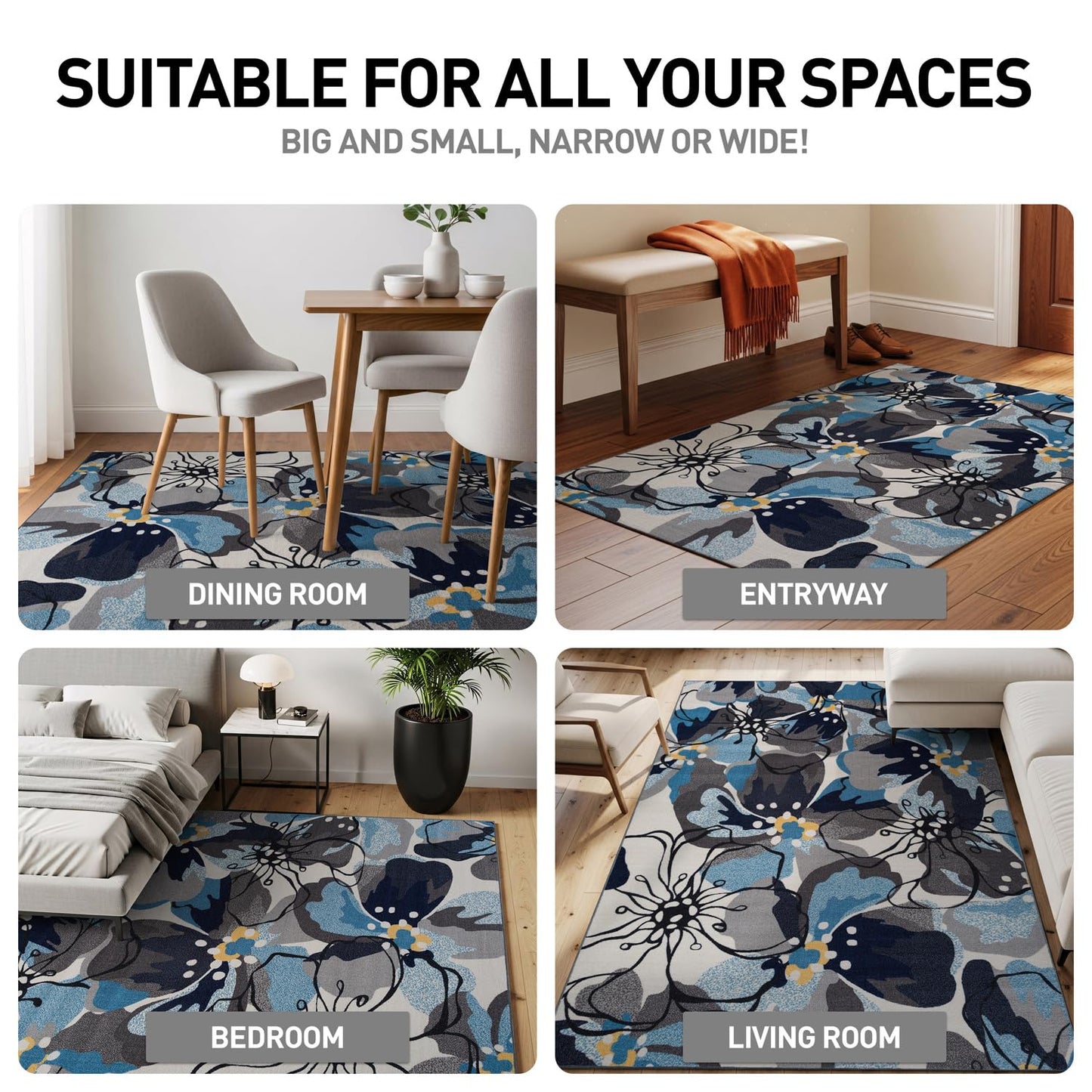 Rugshop Gray Large Floral Non-Slip Area Rug Fade Resistant for Hallway, Entryway and Kitchen, 2'7" x 4'