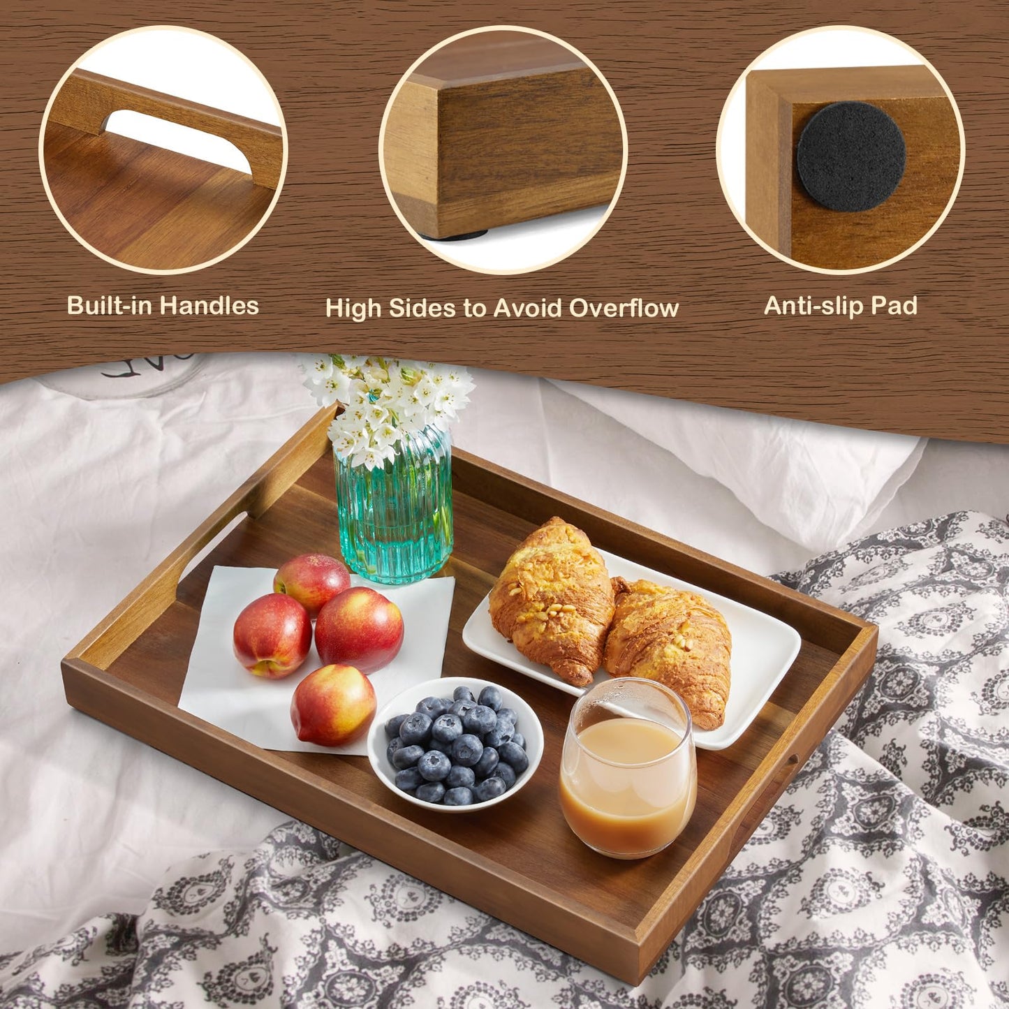 GCWSTJK 17 Inch Acacia Wood Serving Tray with Handles, Large Wooden Tray for Ottoman, Breakfast in Bed, Coffee Table, Dinner, Perfect for Living Room Bedroom Entryway and Kitchen