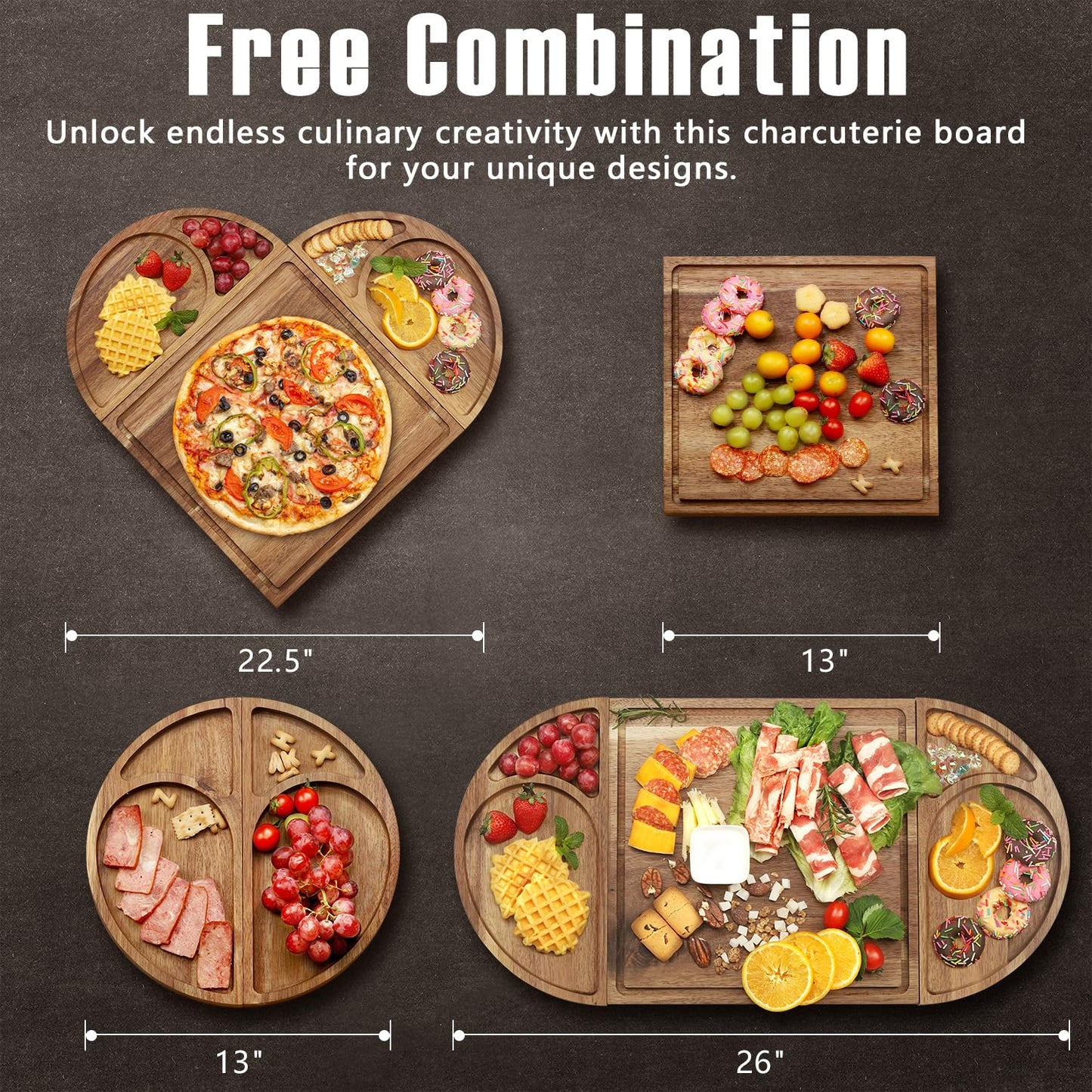 Extra Large Magnetic Charcuterie Board Cheese Board Gift Set 3 Part Square & Round & Heart Shaped Acacia Wood Charcuterie Cheese Boards Wooden Tray Serving Board Platter for Valentine