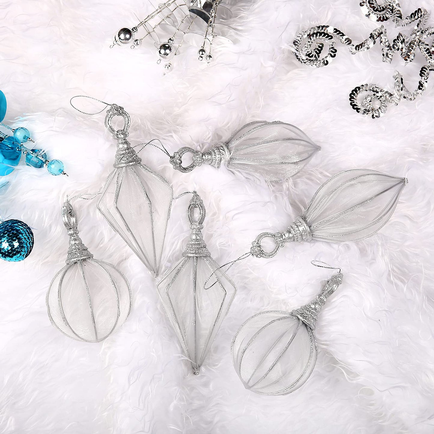 Christmas Ball Ornaments, 6pc Set Silver Rugby,Round Ball, Diamond Pendant Christmas Decorations Hanging for Xmas Tree Decorations Wedding Party