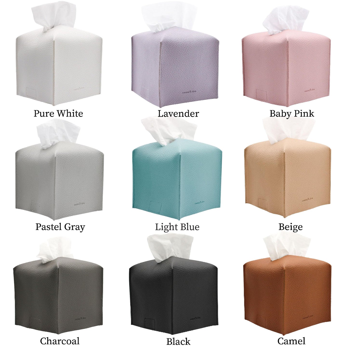 Tissue Box Cover Holder, Square with Bottom Belt by Carrot's Den - PU Leather Decorative Organizer for Tabletop, Bathroom, Car, Office | Pure White