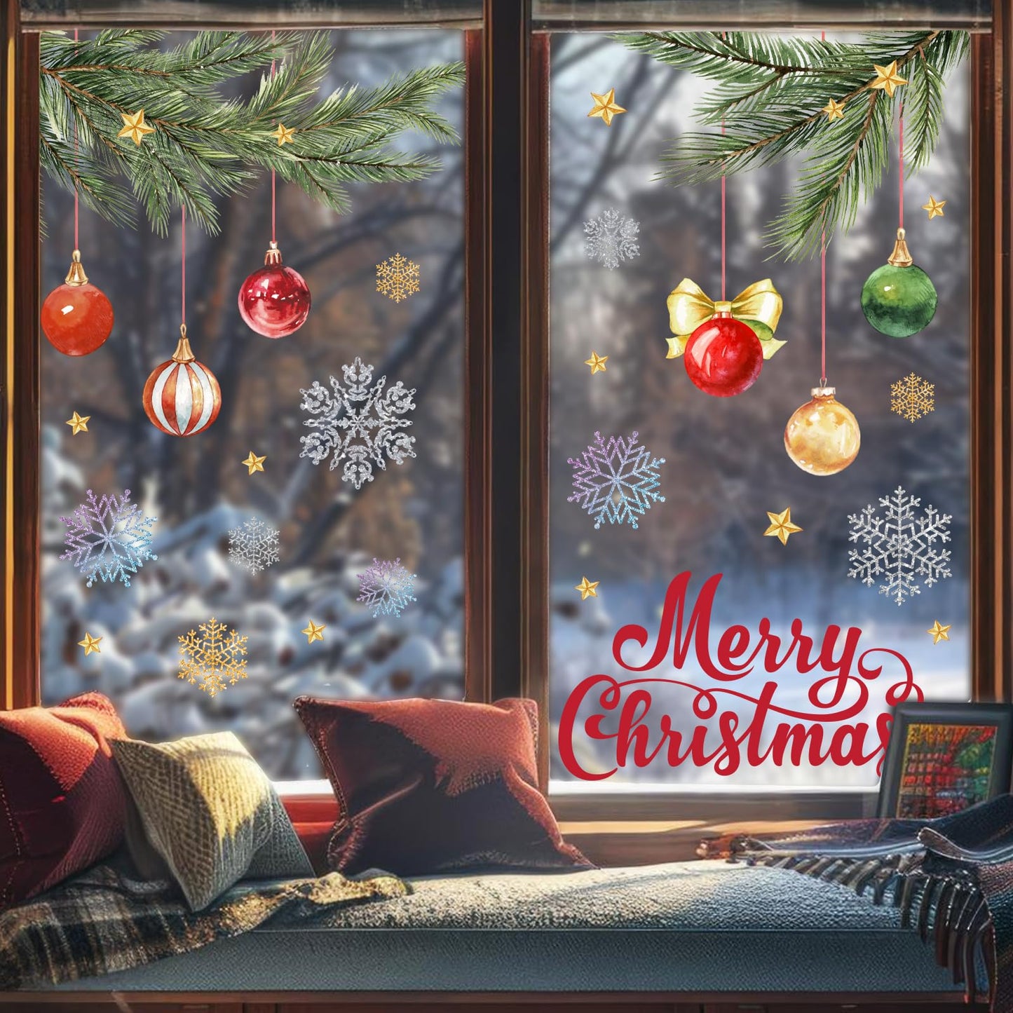 MEHOFOND Christmas Window Clings Stickers, 8 Sheets Xmas Balls Branches Snowflake Christmas Decorations, Xmas Window Decals Stickers for Home Shop Glass Windows, Winter Holiday Display Decor