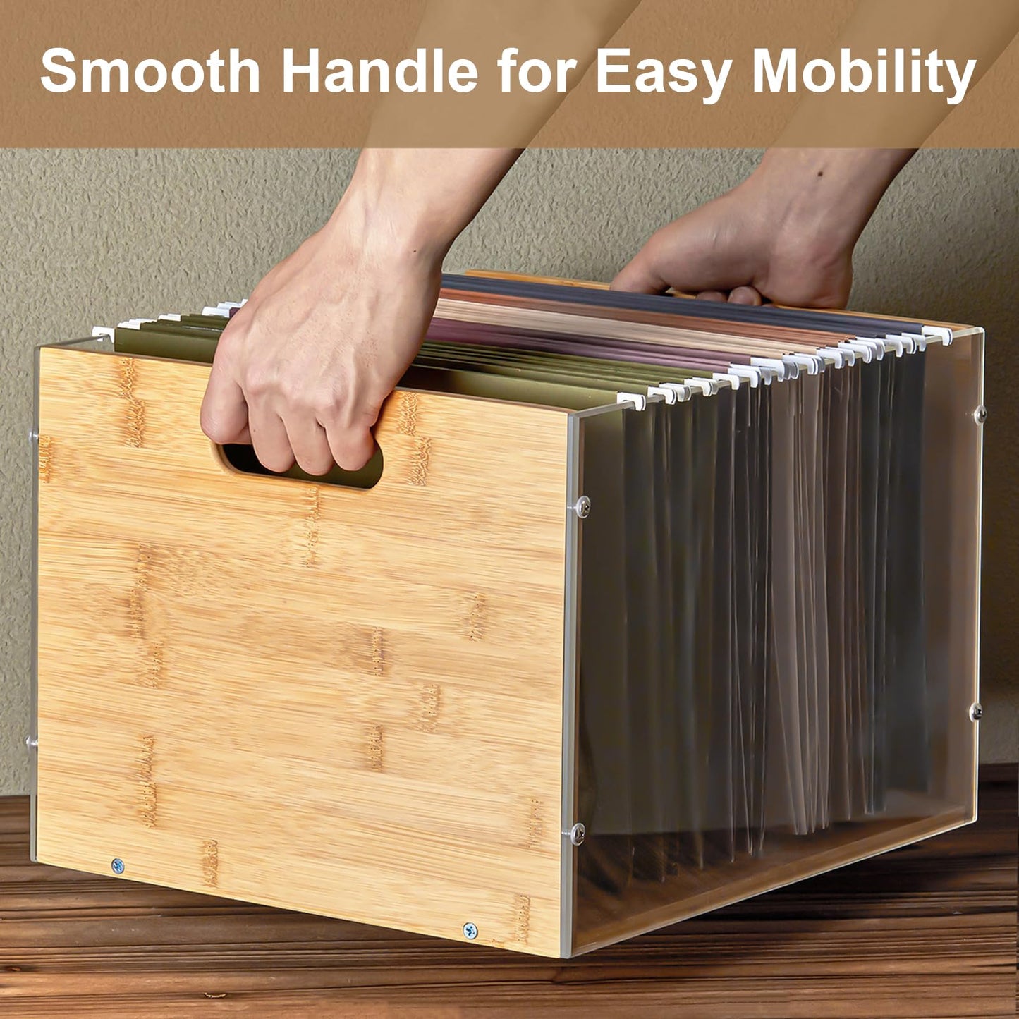 Sbanmao Clear Acrylic File Box Organizer, Bamboo Hanging Folder Storage Boxes, Filing Crate Bin Holder with Handle for Home Office Desk, Letter Size
