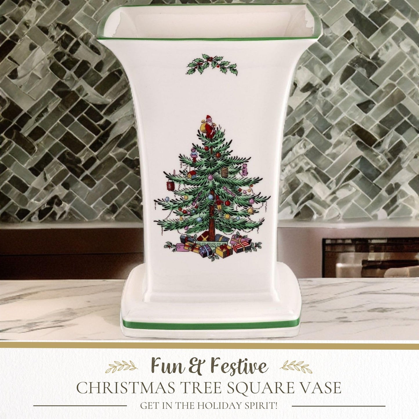 Spode Christmas Tree Square Vase, 8-Inch Festive Vase for Flowers & Holiday Decor - Fine Earthenware Centerpiece for Christmas Table, Mantle, Seasonal Floral Arrangements, Dishwasher Safe
