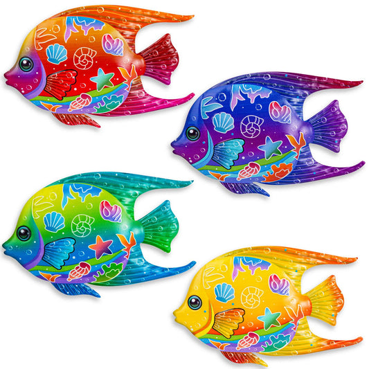 SUNREEK 9 Inches Metal Fish Wall Art, Coastal Beach Nautical Hanging Decor, Outdoor Ocean Pool Wall Decor (4, Fish-A)
