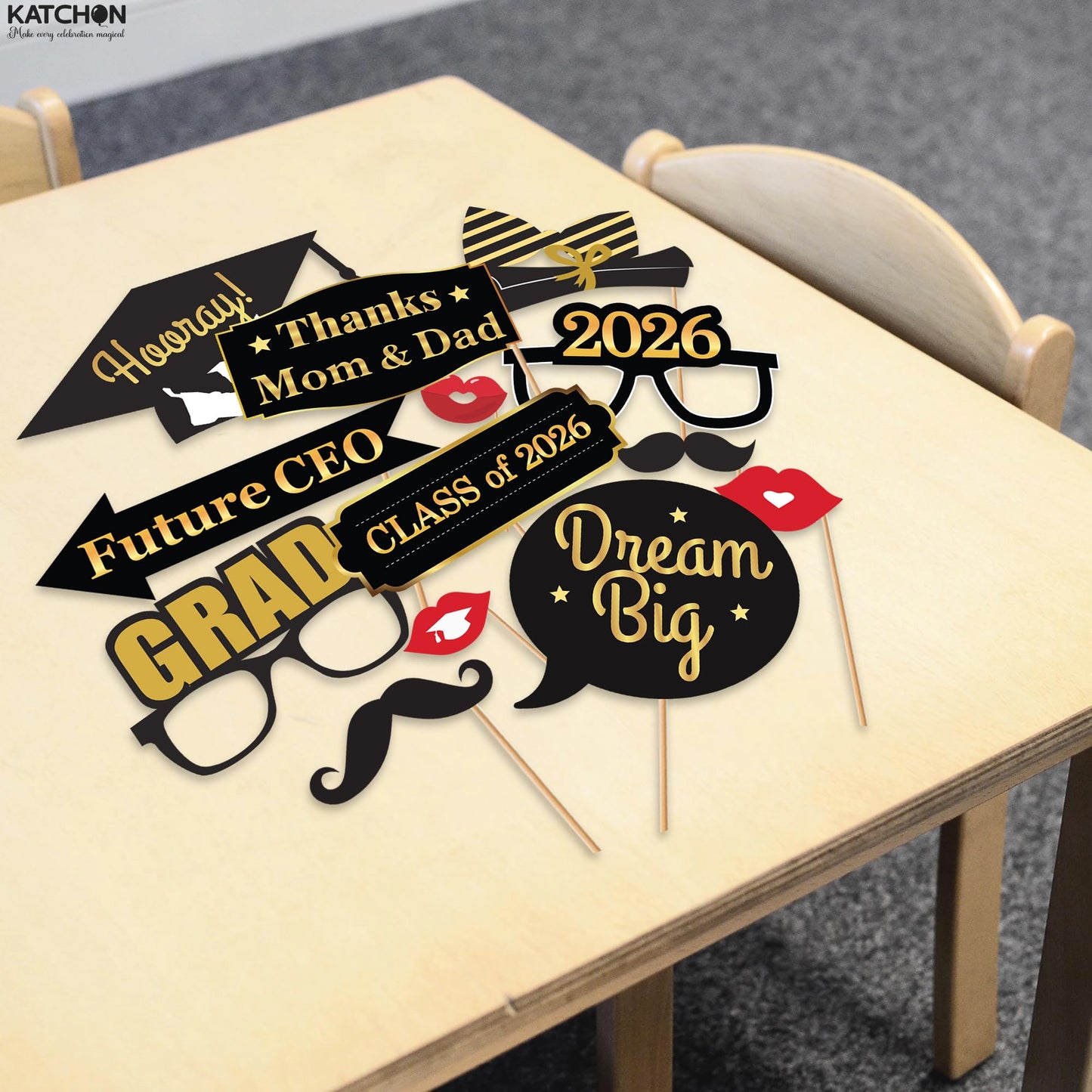 KatchOn, Graduation Photo Booth Props - Pack of 40 | Black and Gold Grad Photo Props, Graduation Decorations 2026 | Congrats Grad Props for Photoshoot 2026, Class of 2026 Decor | Grad Party Supplies