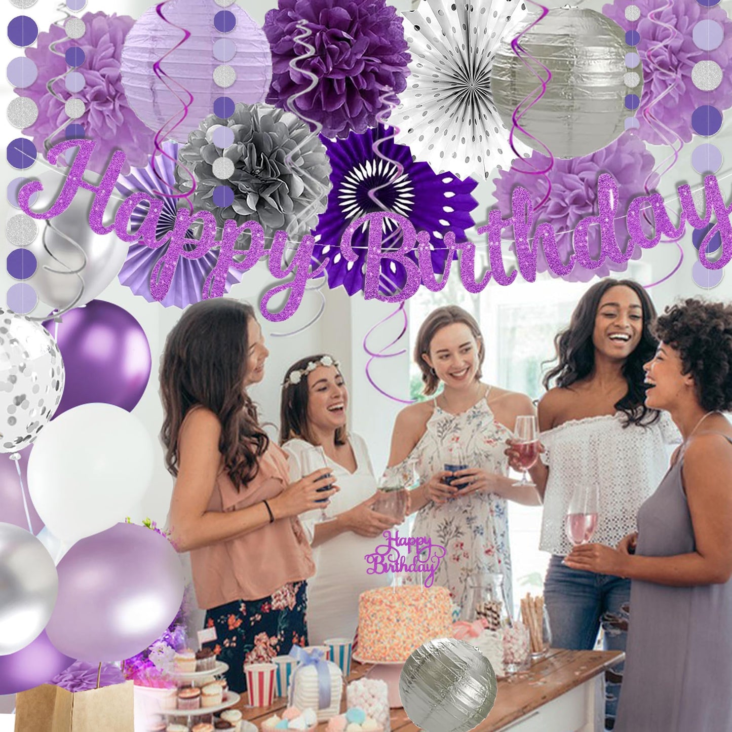 Purple Silver Birthday Party Decorations Kit with Happy Birthday Banner, Paper Lanterns, Streamers, Tissue Pom Poms, Honeycomb Flower Fans, Silver and Purple Balloons, & More for Women Girls' Party