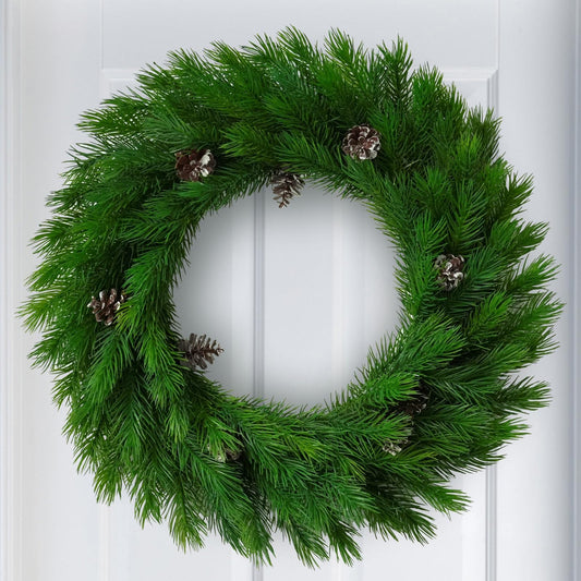 IPLNTS 18 inch Spring Summer Wreath for Front Door, Pine Wreath with Pine Cones for Christmas Walls Windows Porches Indoor Outdoor Home Decor
