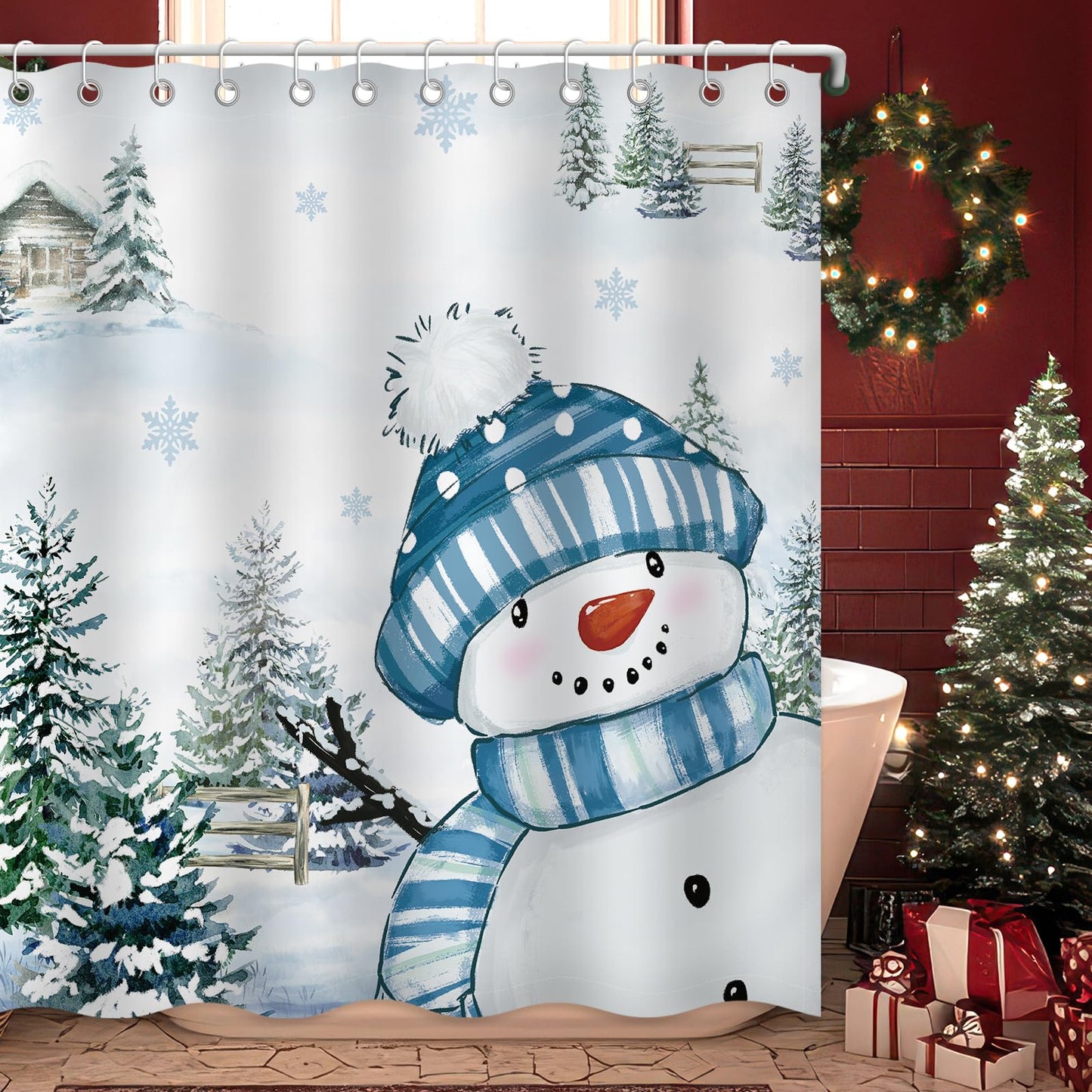 Moutina Winter Christmas Snowman Shower Curtain, Snow Snowflake Xmas New Year Holiday Winter Decor Bathroom Curtain Set - 72x72 Inch Waterproof Polyester Fabric with Hooks