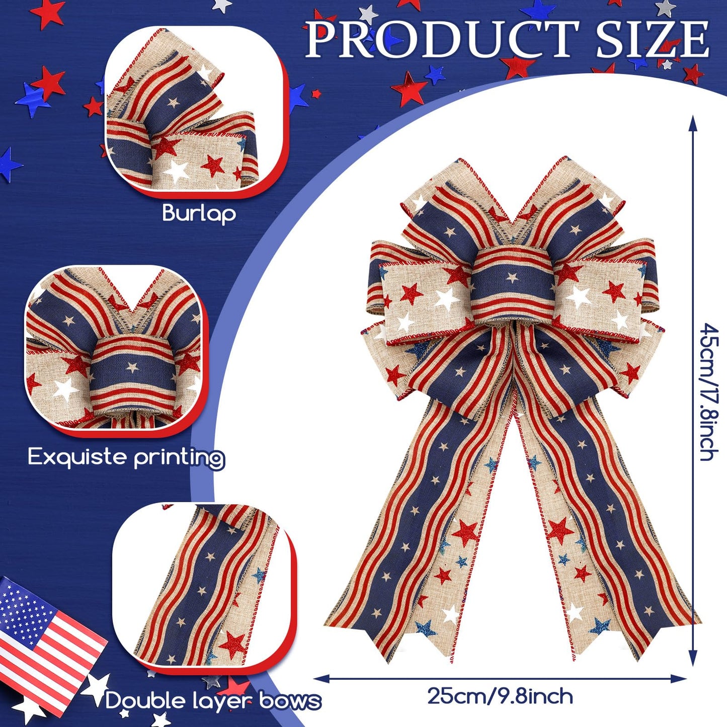 Moucuny 2 Pcs Memorial Day Bows 4th of July Patriotic Burlap Bow Red White Blue Stars Tree Topper American Flag Wreath for Indoor Outdoor 250th Anniversary Independence Party Decoration(Rustic)