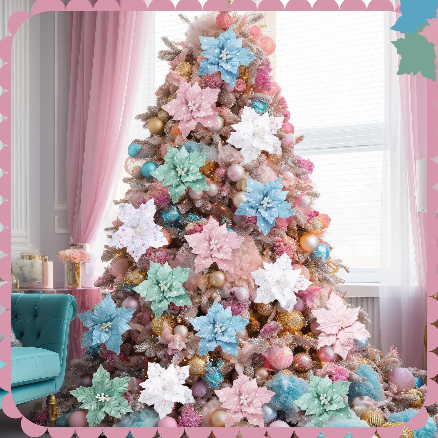 Thiccywoov 12 Pcs Christmas Tree Pastel Poinsettia Christmas Candyland Decorations Glitter Flowers 6" Xmas Tree Decorations with Clips Stems Xmas Ornaments for Wedding Party Wreath Decoration