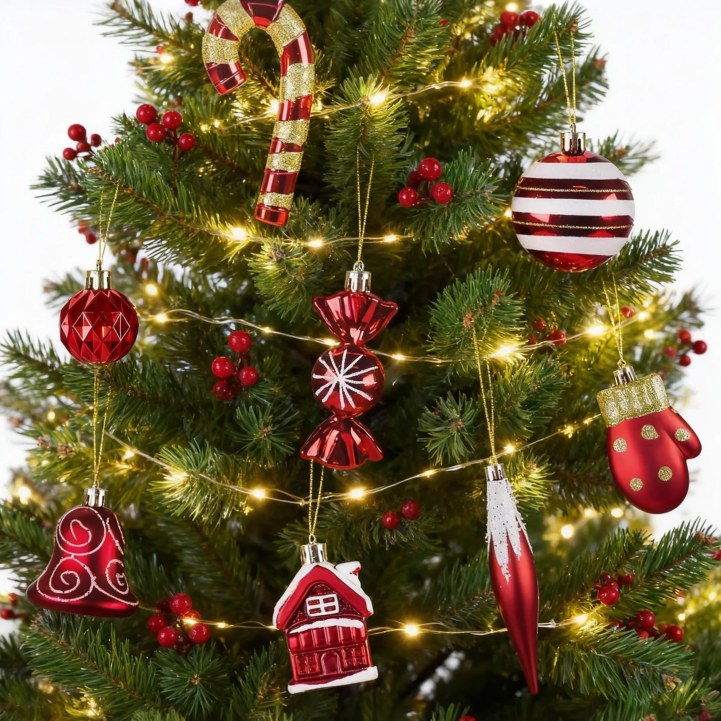 Christmas Ornaments, 16Pcs Red and White Christmas Ornaments Set with Hanging Strings Ideal for Christmas Tree Decorations and Indoor Accents